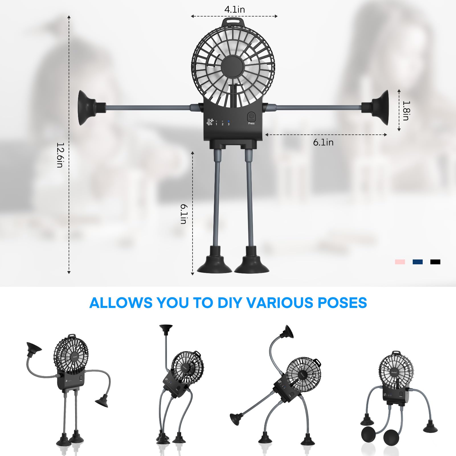 Simfree Portable Fan,Robot Desk Fan With Suckers-Rechargeable Portable Table Fan,3 Speeds Hands Free Fan For Home, Office,Game R
