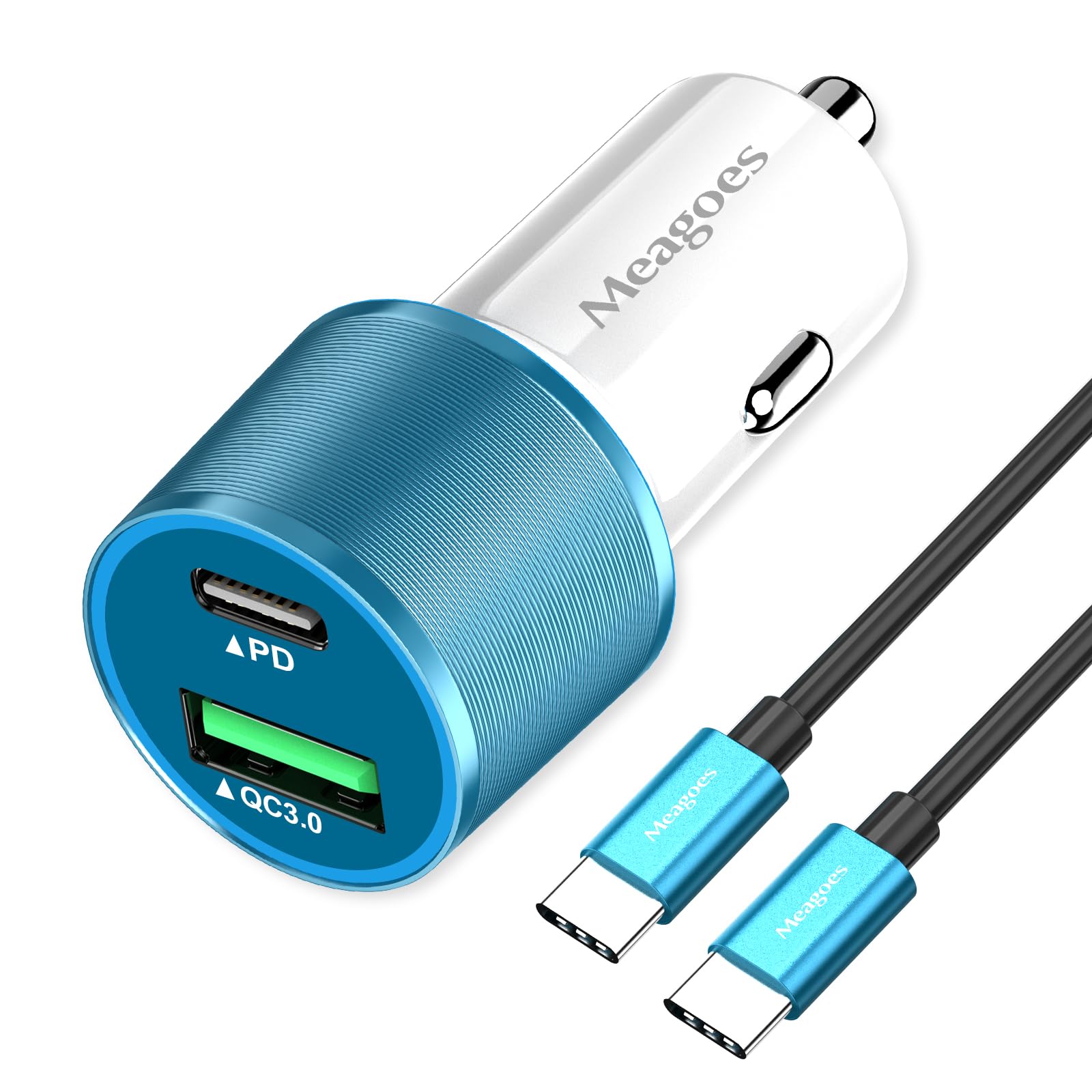 Meagoes Blue Usb C Car Charger, 48W 2 Port Fast Charging Adapter With Pd&Qc3.0 Compatible For Iphone 16/15 Pro Max/Samsung Galax