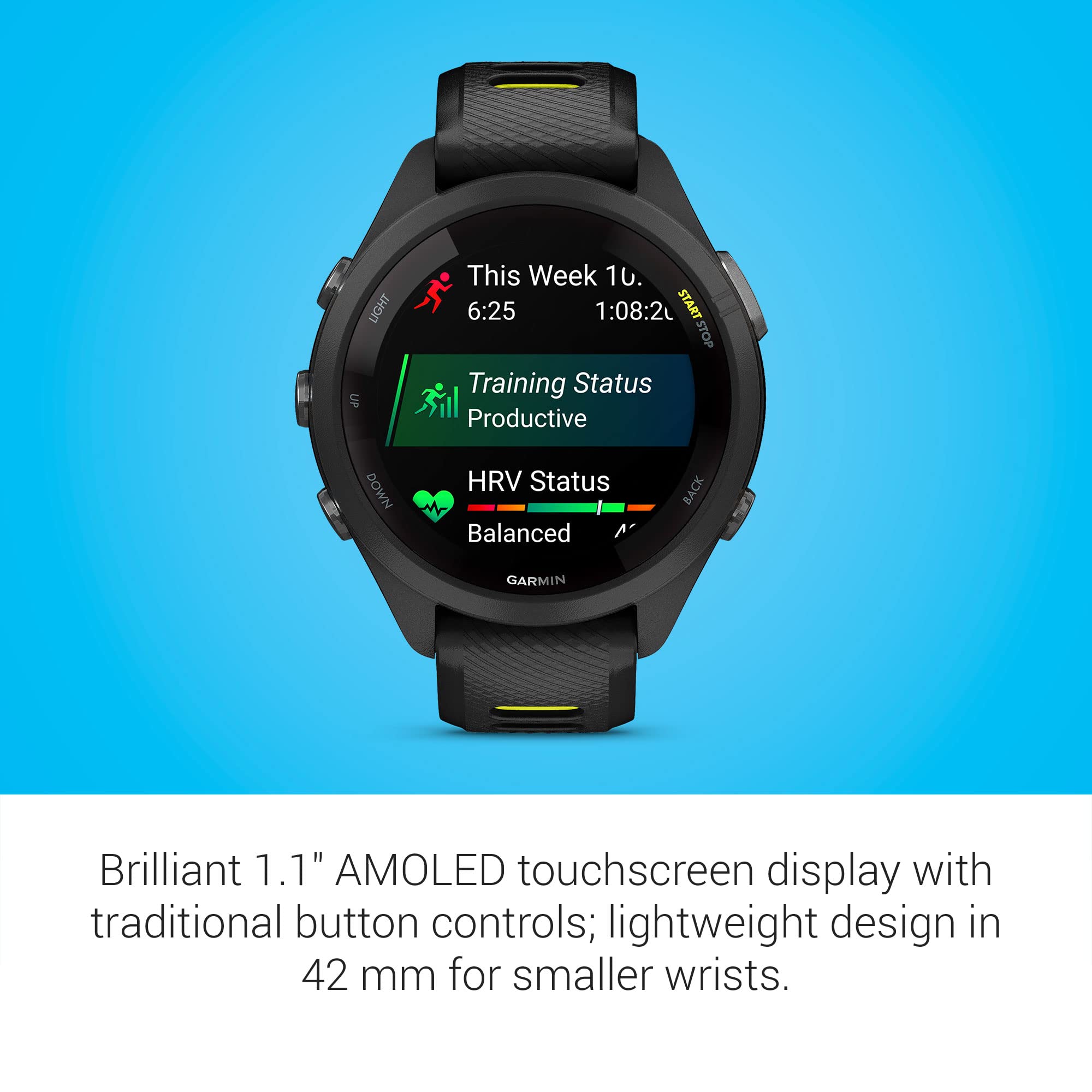 Garmin Forerunner 265S Running Smartwatch, Colorful Amoled Display, Training Metrics And Recovery Insights, Black And Amp Yellow