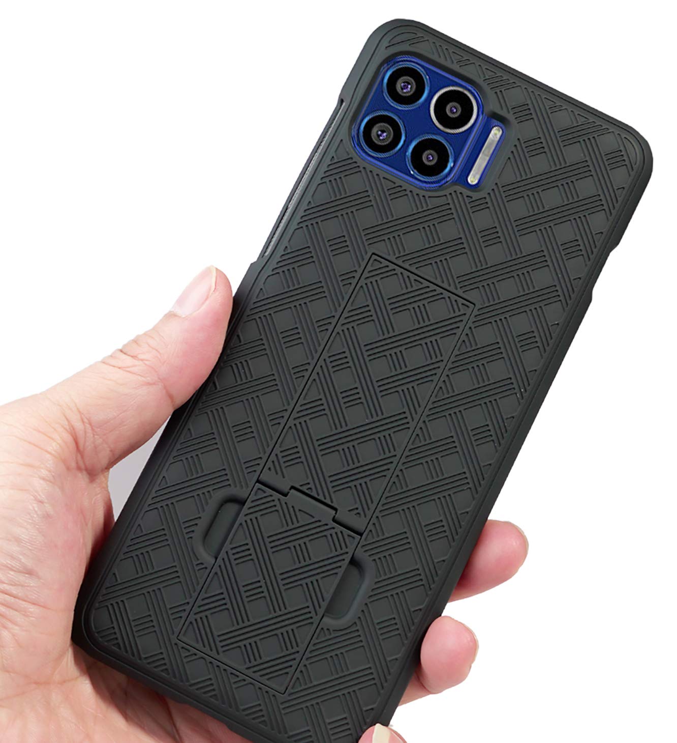 Case With Clip For Moto One 5G, Nakedcellphone [Black Tread] Kickstand Cover With [Rotating/Ratchet] Belt Hip Holster Combo For