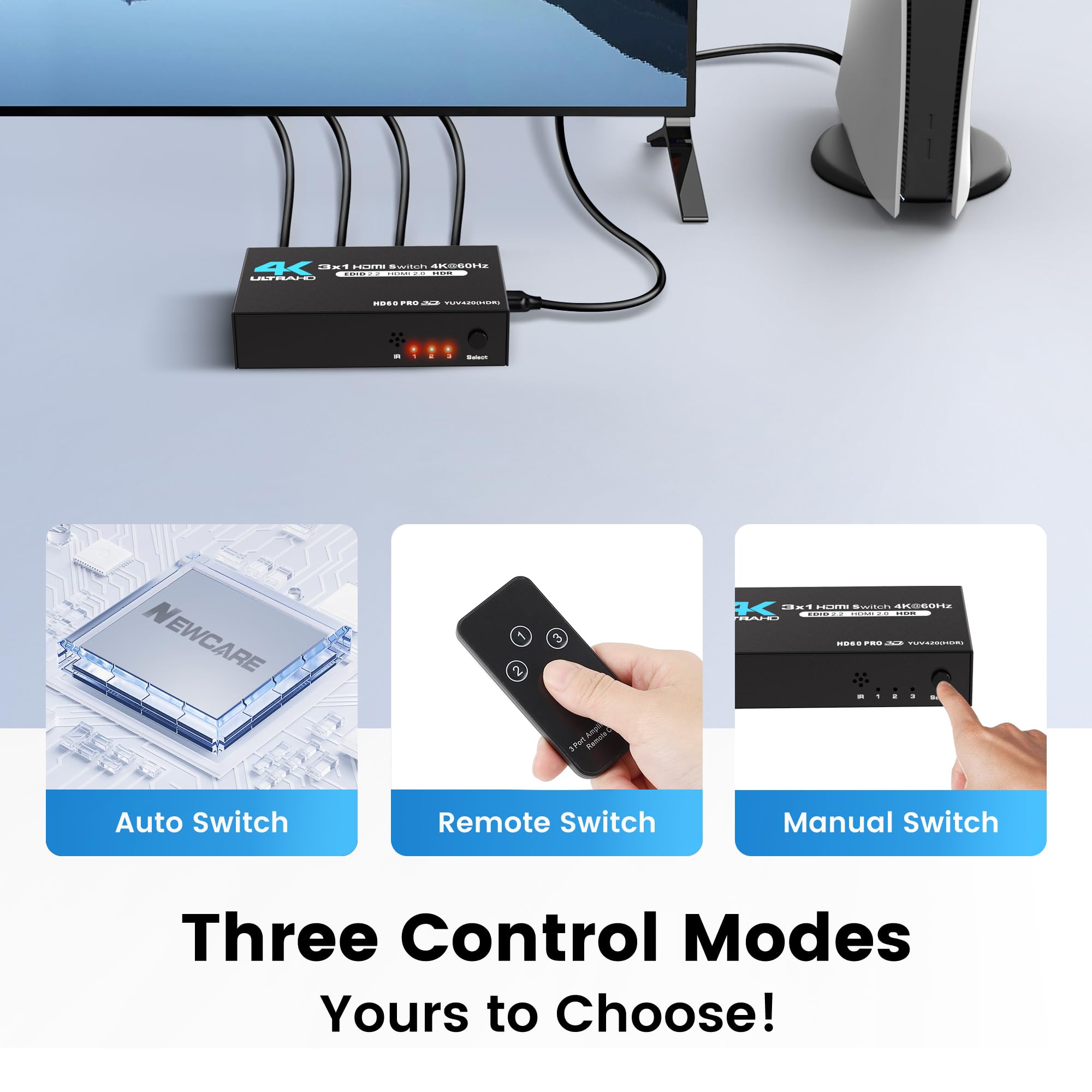 Newcare Hdmi Switch 3 In 1 Out 4K@60Hz Hdmi Splitter, 4K Hdmi Switch With Remote Metal Hdmi Switch Box Hub Support 4K@60Hz/30Hz 1080P 3D Hdr Auto Switching For Ns Xbox Ps4/5 Pc Fire Stick Roku