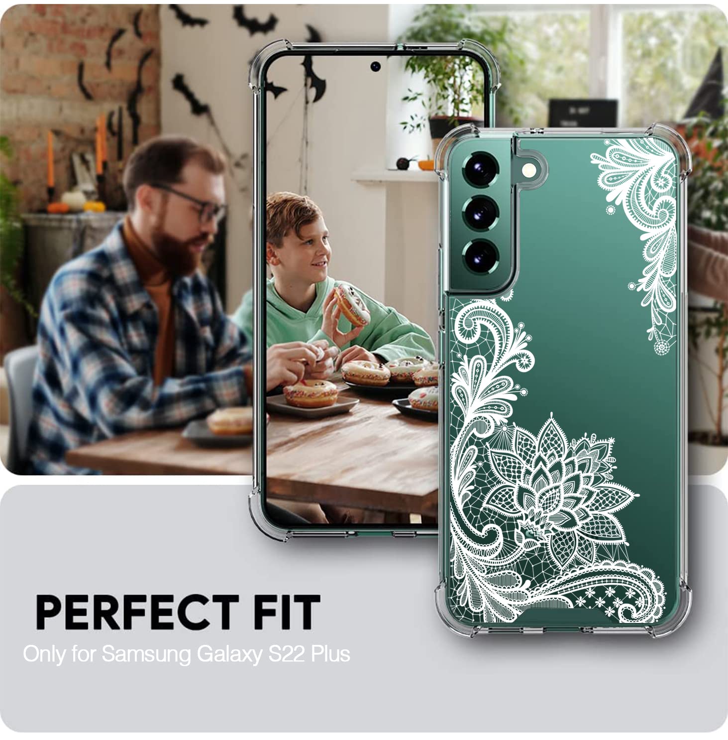 KIOMY Samsung Galaxy S22+ Plus 5G Phone Case Crystal Clear Lace Flowers Design TPU Shockproof 4 Airbags Slim Fit 6.6 Inch
