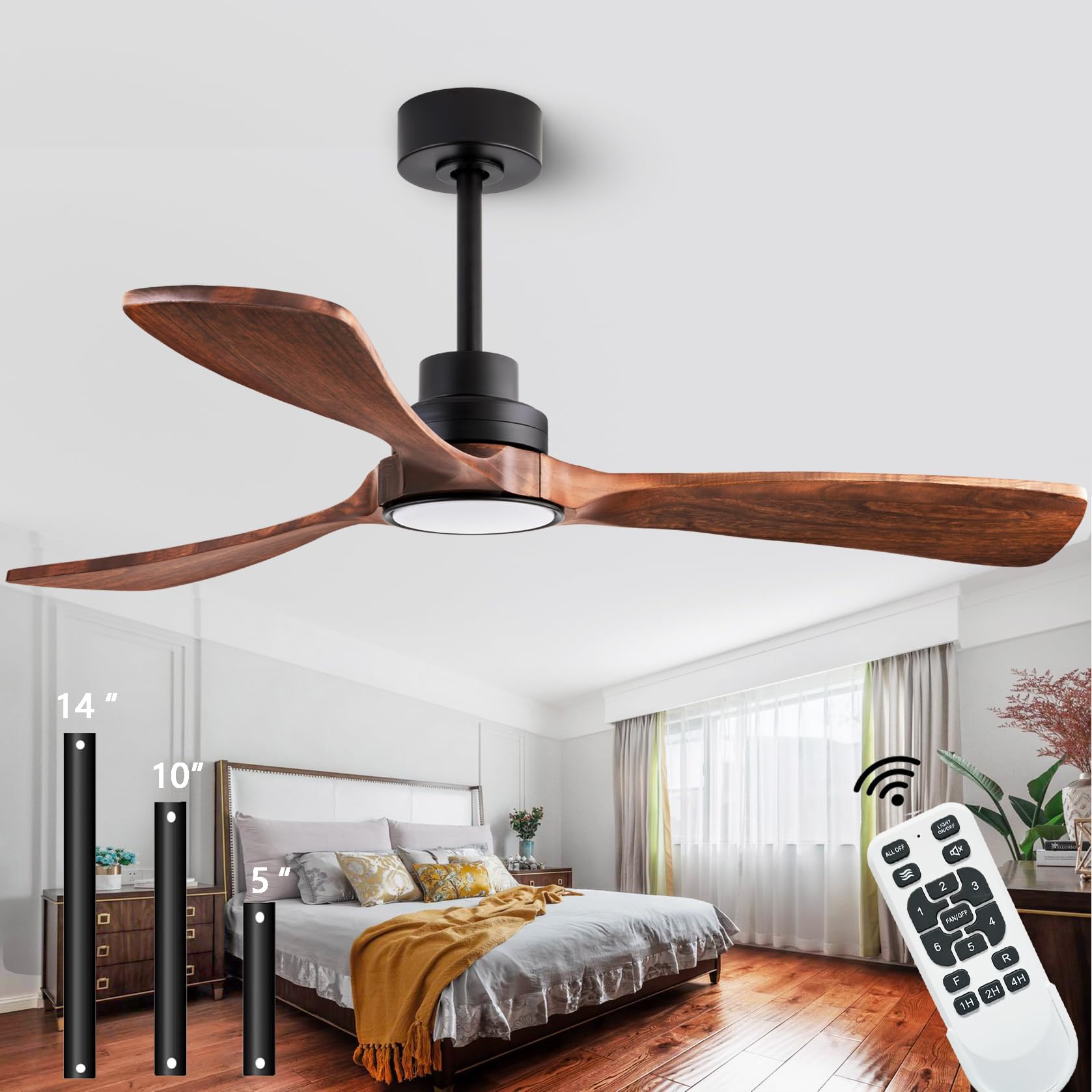 Dearnow 52'' Wood Ceiling Fans, (With Light With Remote Control) With 3 Solid Wood Blades, Wooden Ceiling Fan For Indoor And Out