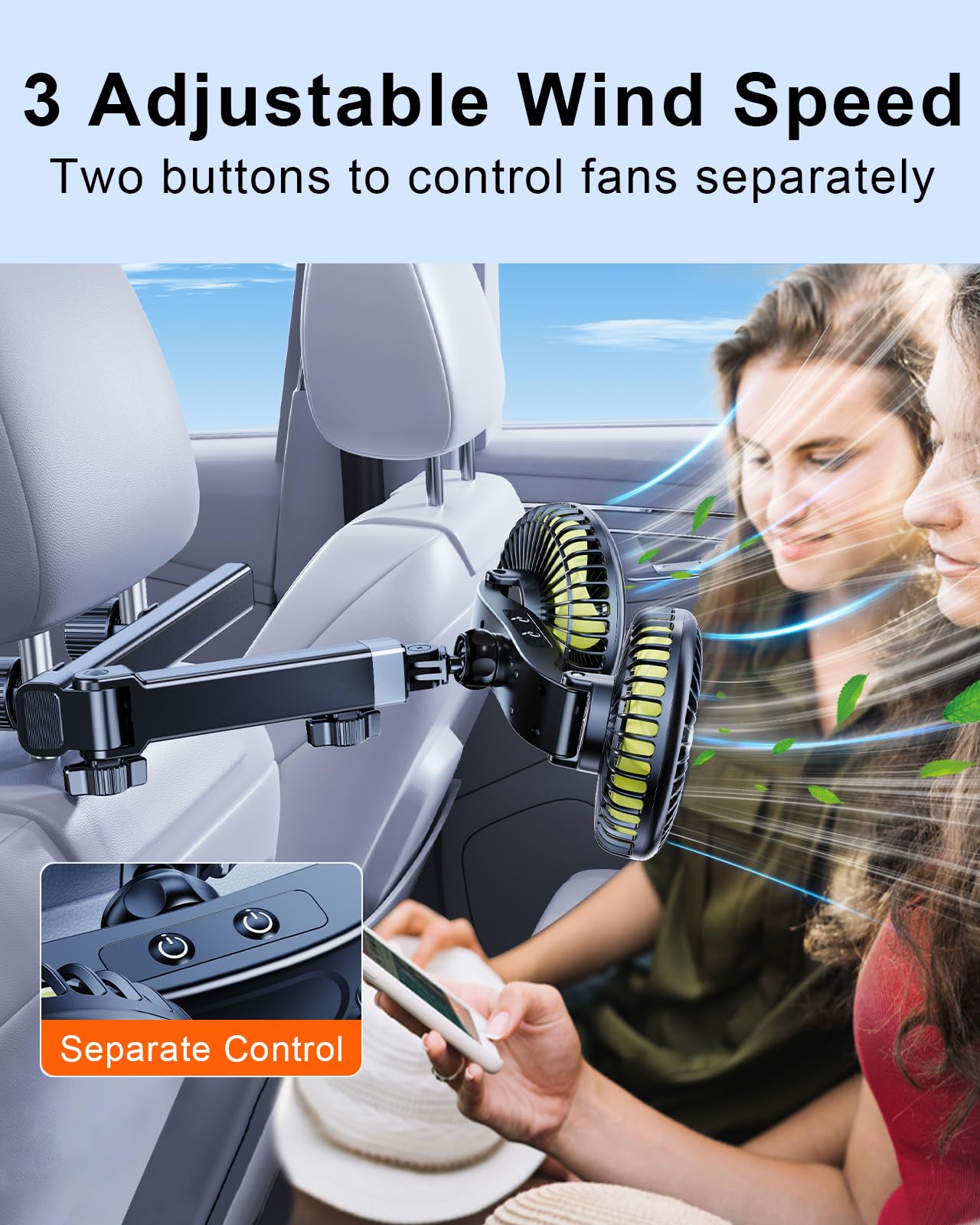 Nauttxon Battery Fan For Car Backseat With Retractable Long Arm, [Comes With Car Charger & Usb C Cable*1] 360Rotatable 3 Speeds