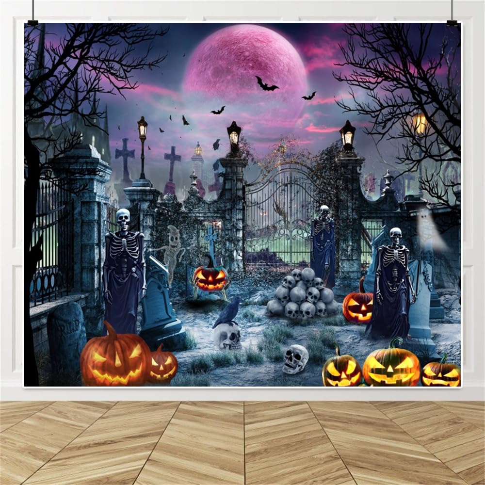 Halloween Backdrop Photography 10X8Ft Scary Cemetery Skull Moon Night Halloween Party Birthday Photo Backdrop Creepy Graveyard P