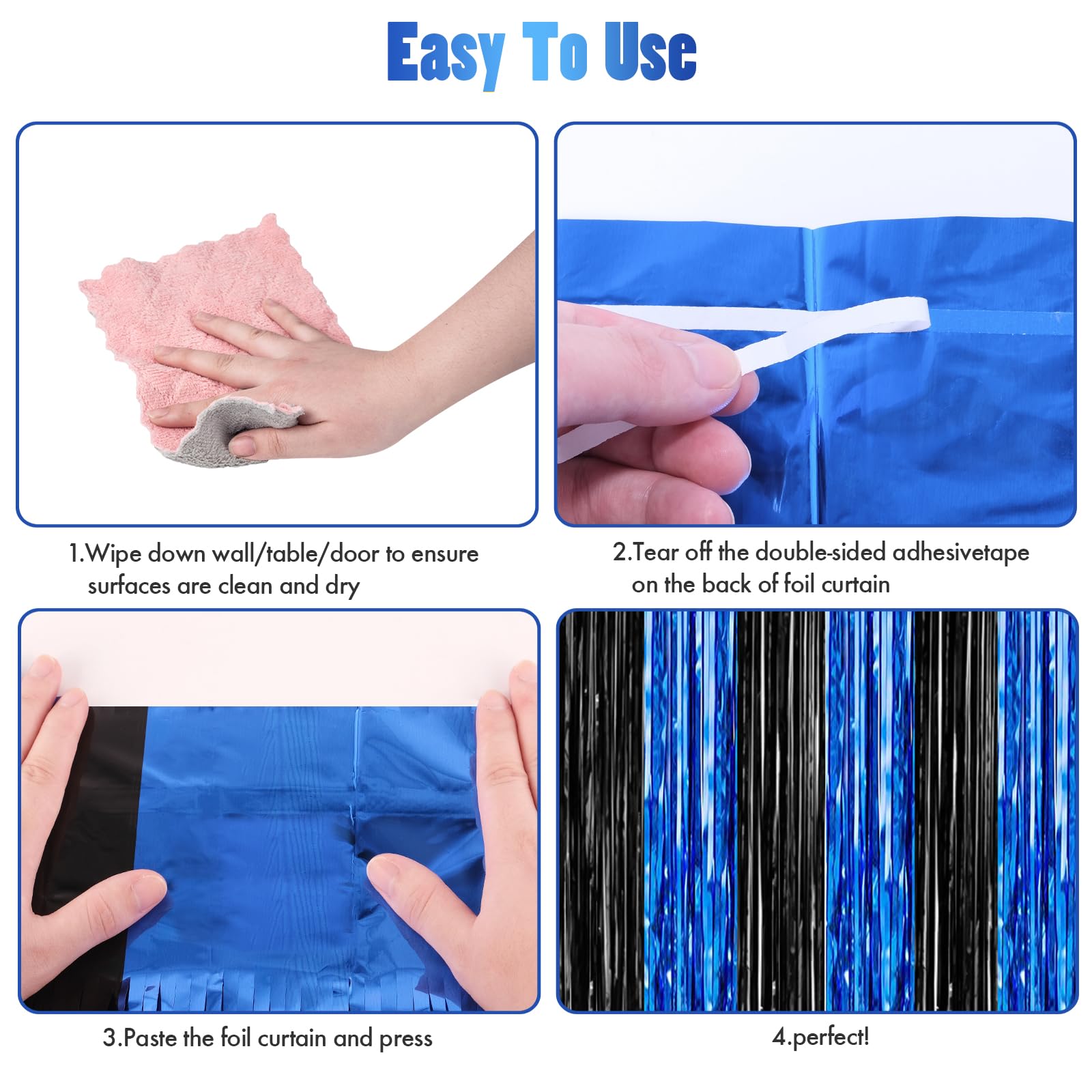 Canrevel 2 Pack 3.3X8.2 Feet Black And Blue Foil Fringe Backdrop Curtains, Tinsel Streamers For Ocean Birthday Party Decorations