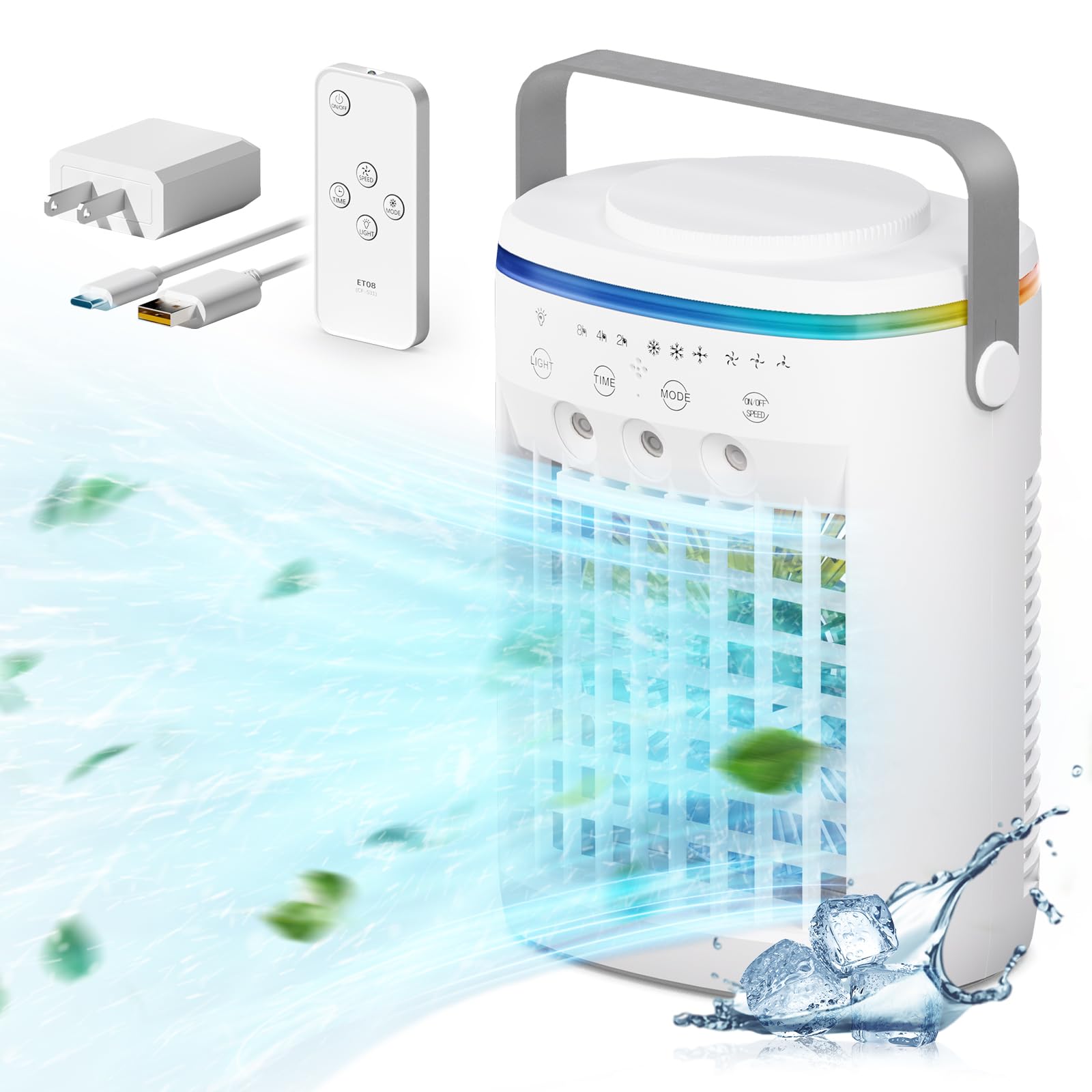Vidihill Portable Air Conditioner, Evaporative Air Cooler, 2-4-8H Timer Auto-Off &Remote, Water Tank, Three ultrasonic nozzles,