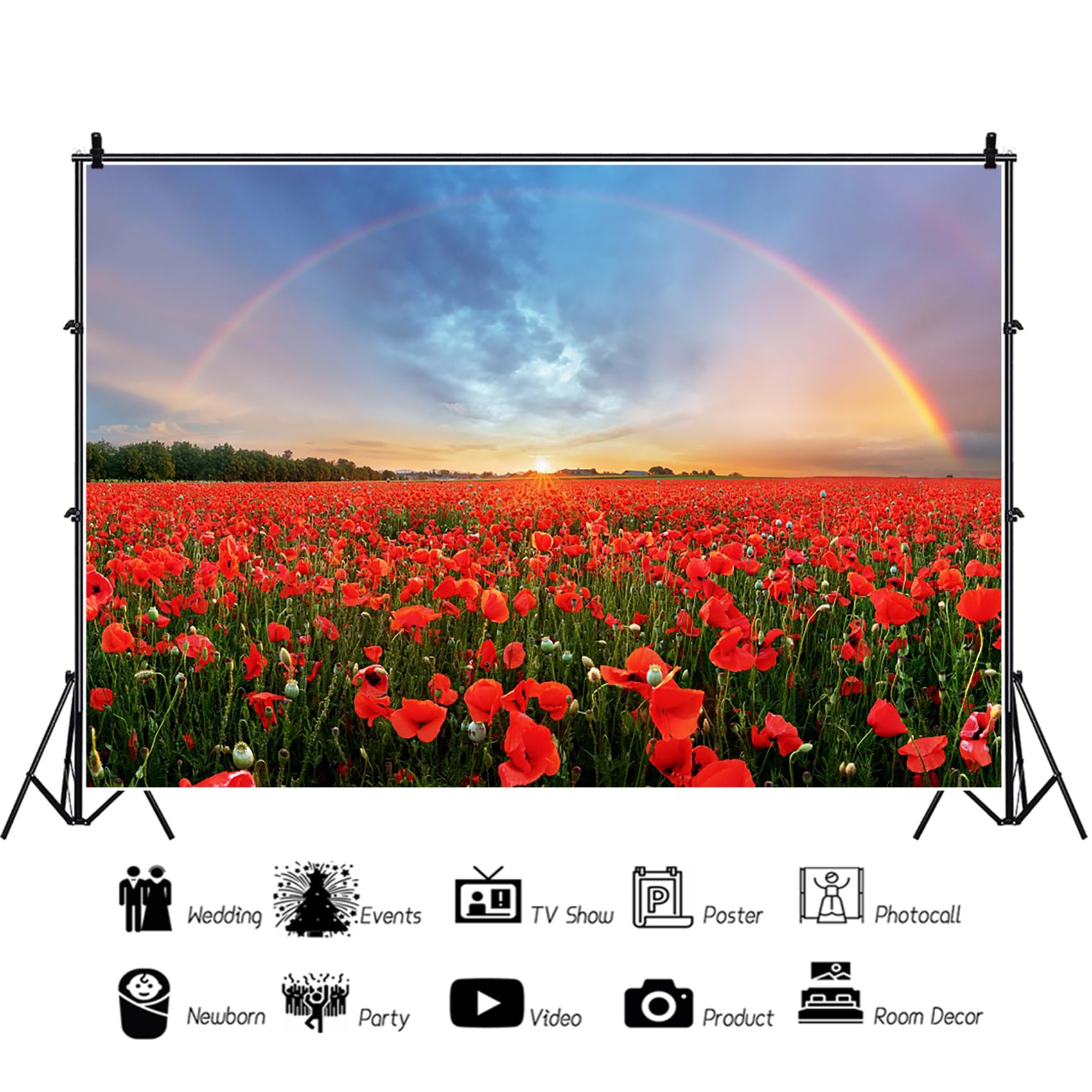 Baocicco 7X5Ft Background For Sunset Rainbow Sky Red Poppy Field Photography Backdrop Outdoor Wedding Backdrop Spring Natural Sc
