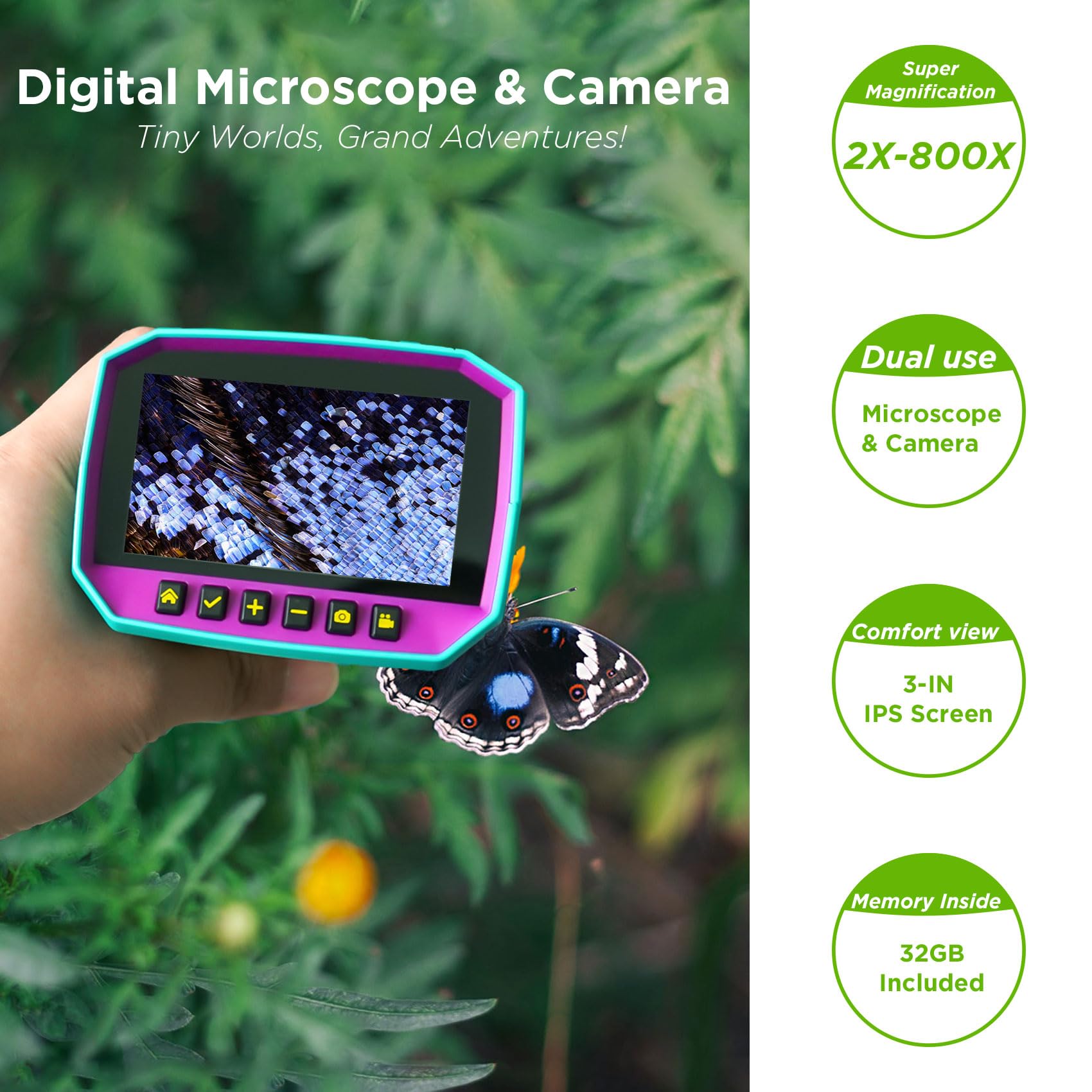 Sheawasy Kids Digital Microscope, 3 Inch Ips Screen, 800X Magnification, Lightweight & Portable, 32Gb Inlcuded, Handheld