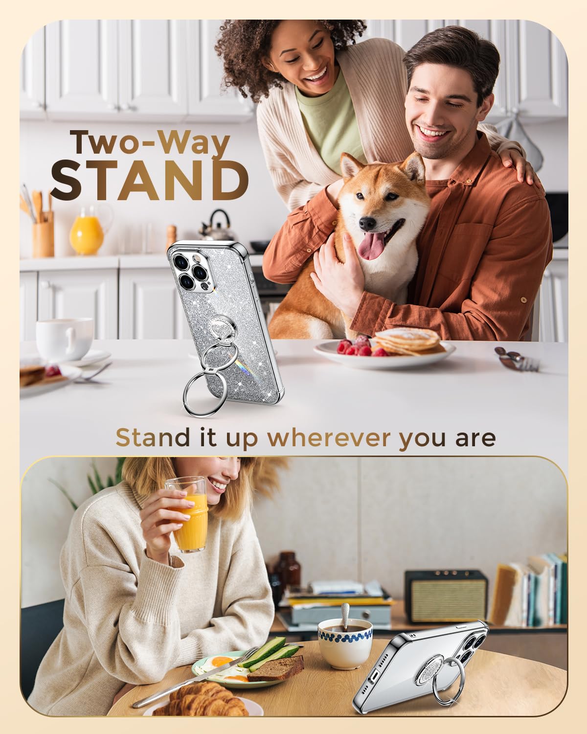 Xyz For Iphone 15 Pro Max Case With Stand, Phone Case With Double Ring Kickstand, Women Girl Cute Love Heart Luxury Bling Tectiv