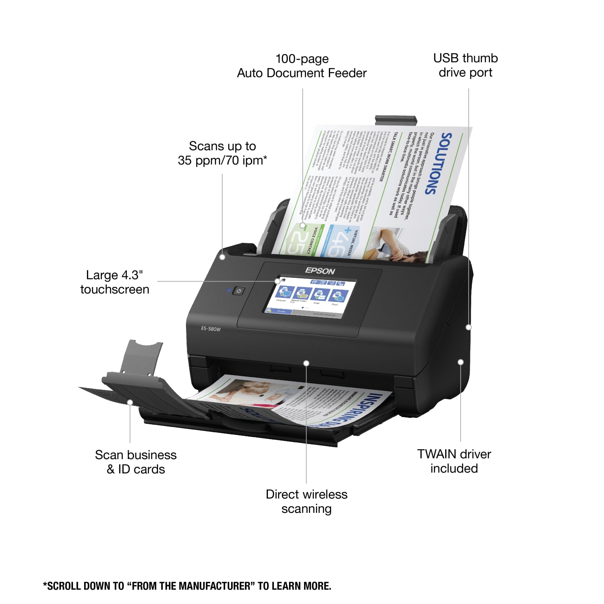 Epson Workforce Es 580W Wireless Color Duplex Desktop Document Scanner For Pc And Mac With 100 Sheet Auto Document Feeder (Adf)