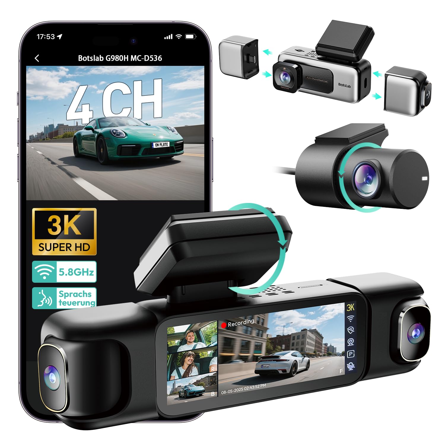 BOTSLAB 4 Channel Dash Cam 3K Front and Rear Inside 560 Coverage with Magnetic Side Cameras Car Camera with 3.18   Touch Screen 