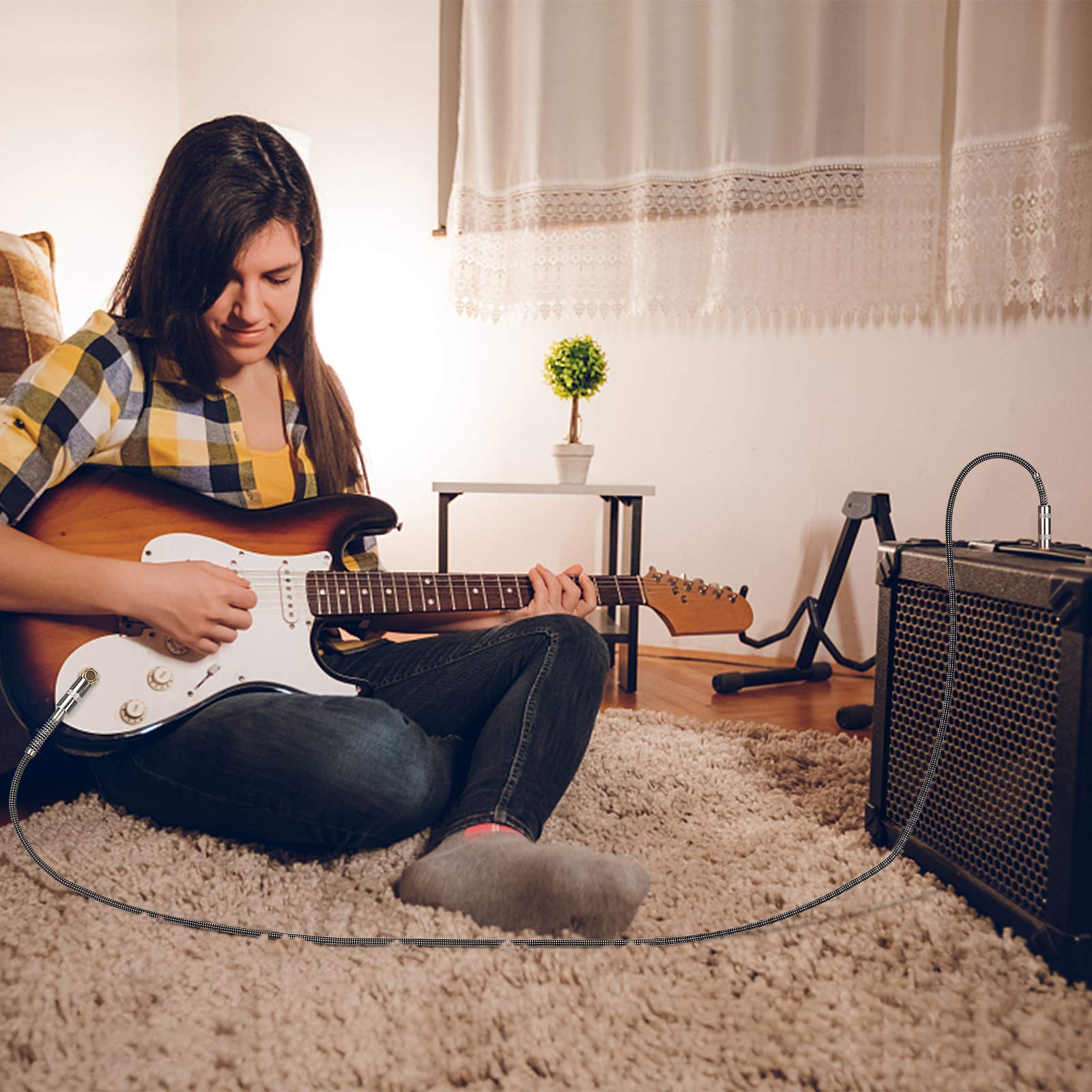 Jolgoo Guitar Cable, 1/4 Inch Cable 15 Ft, Straight To Right Angle 6.35Mm Plug Bass Keyboard Instrument Cable, Black And Gray Tw