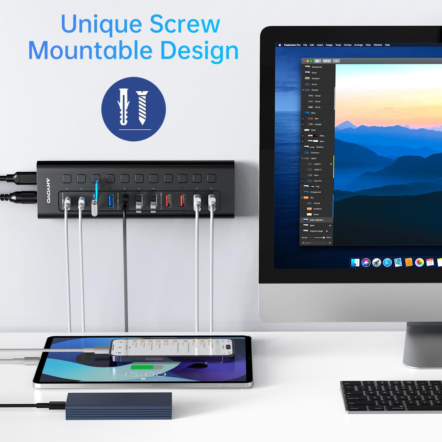 Powered Usb Hub, Anyoyo 11 Port Usb Splitter Hub (4 Usb 3.0, 3 Usb A 2.0, 4 Usb Charging Ports),Wall Mounting Design, Individual