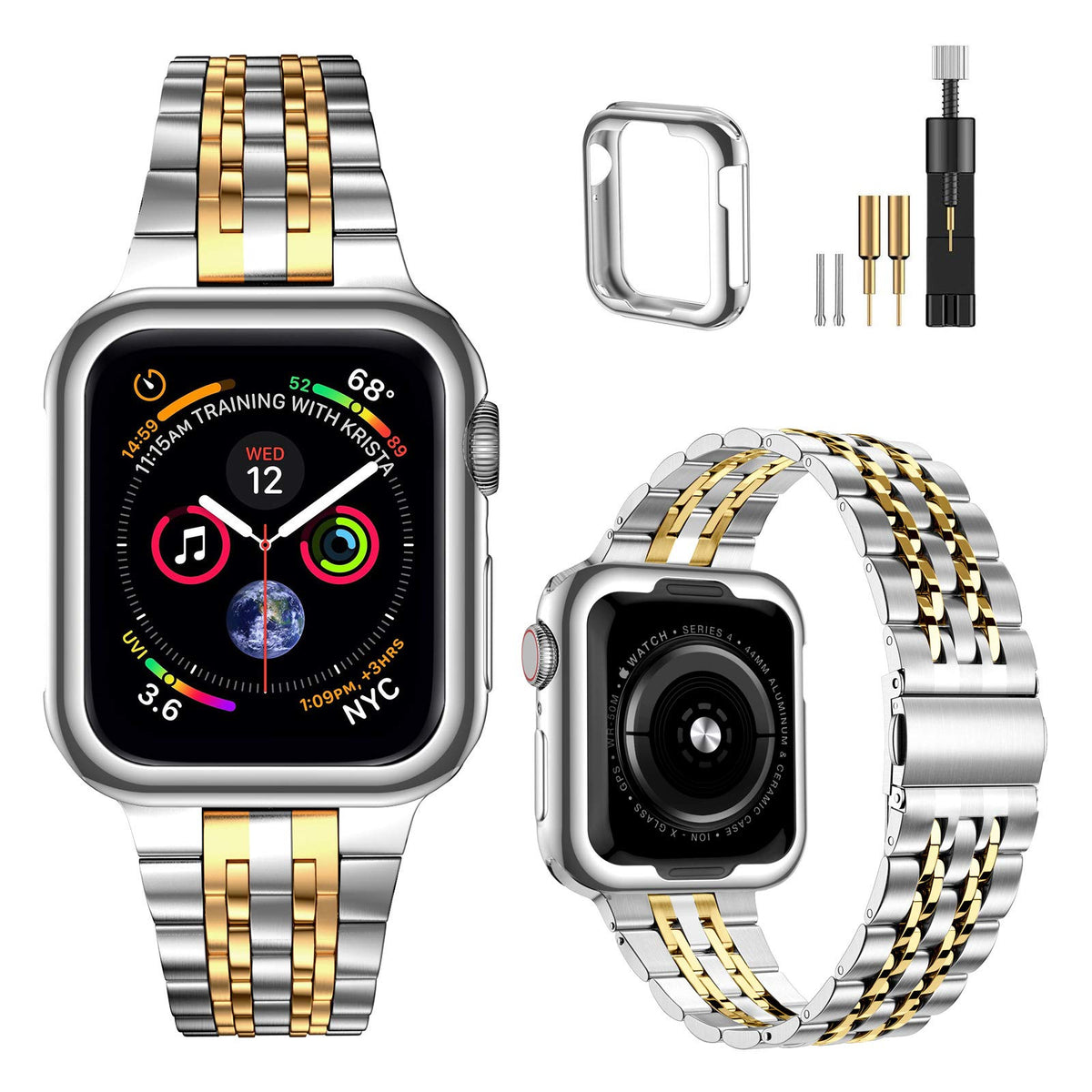 Miohhr Compatible With Apple Watch Band 38Mm 40Mm, Solid Stainless Steel Metal Strap For Iwatch Series 6 5 4 3 2 1 Se (Silver/Go