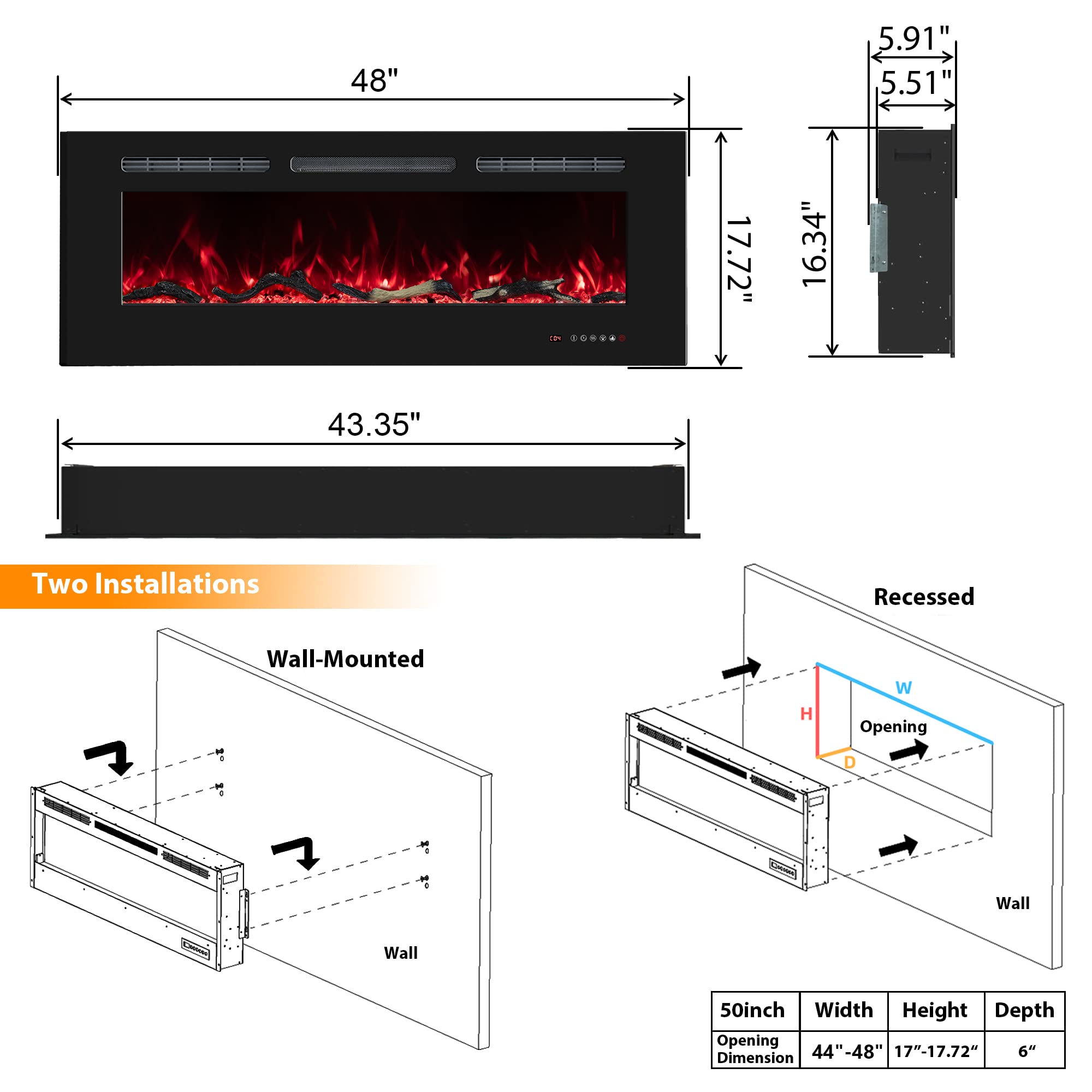 Oxhark Flame 48Inch Electric Fireplace In Wall Recessed And Wall Mounted Fireplace Electric, 13 Flame Colors, Realistic Logs &Cr