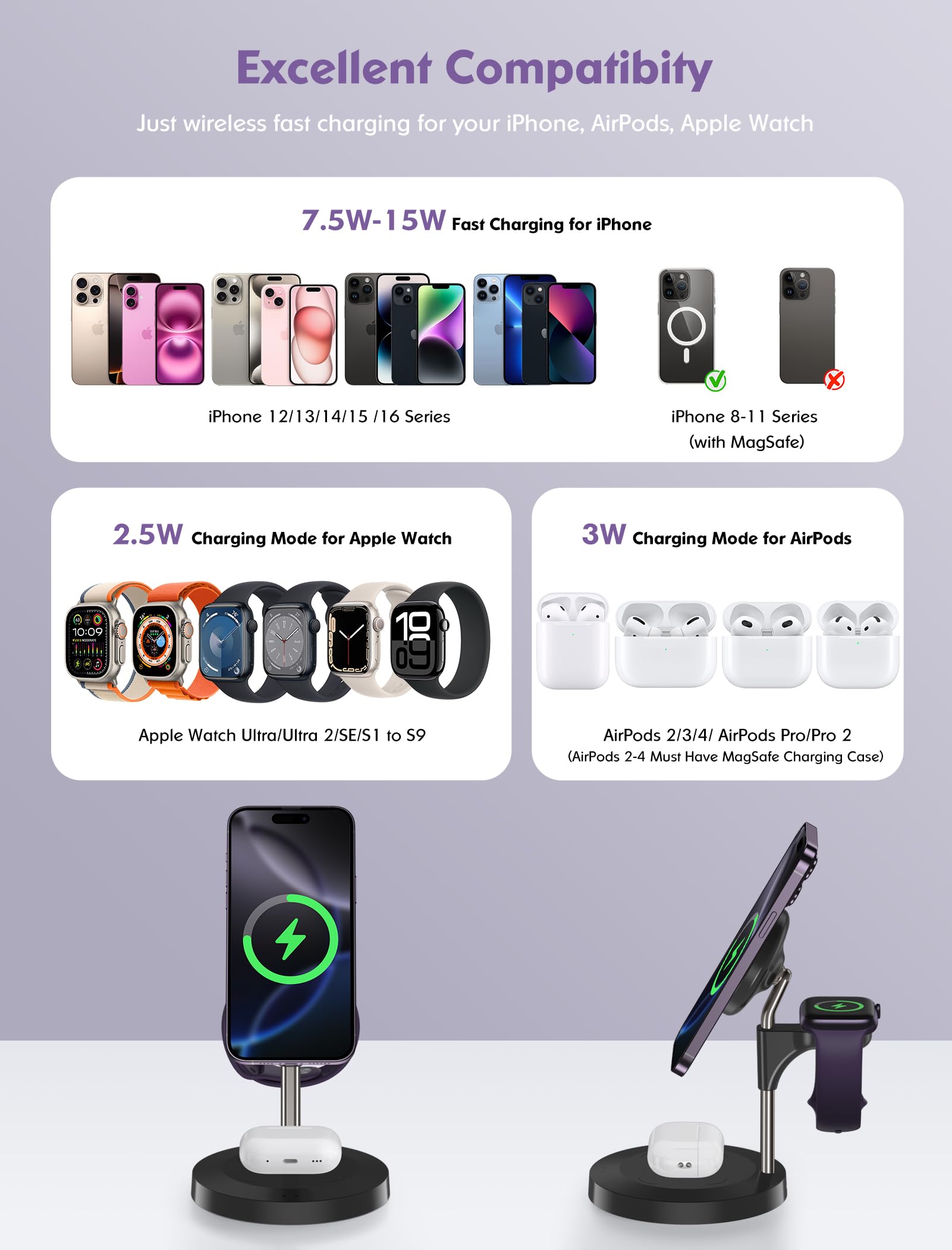 Aeinidi 3 In 1 Wireless Charging Station For Multiple Devices Apple, 15W Fast Magnetic Mag-Safe Charger Stand For Iphone 16 15 1