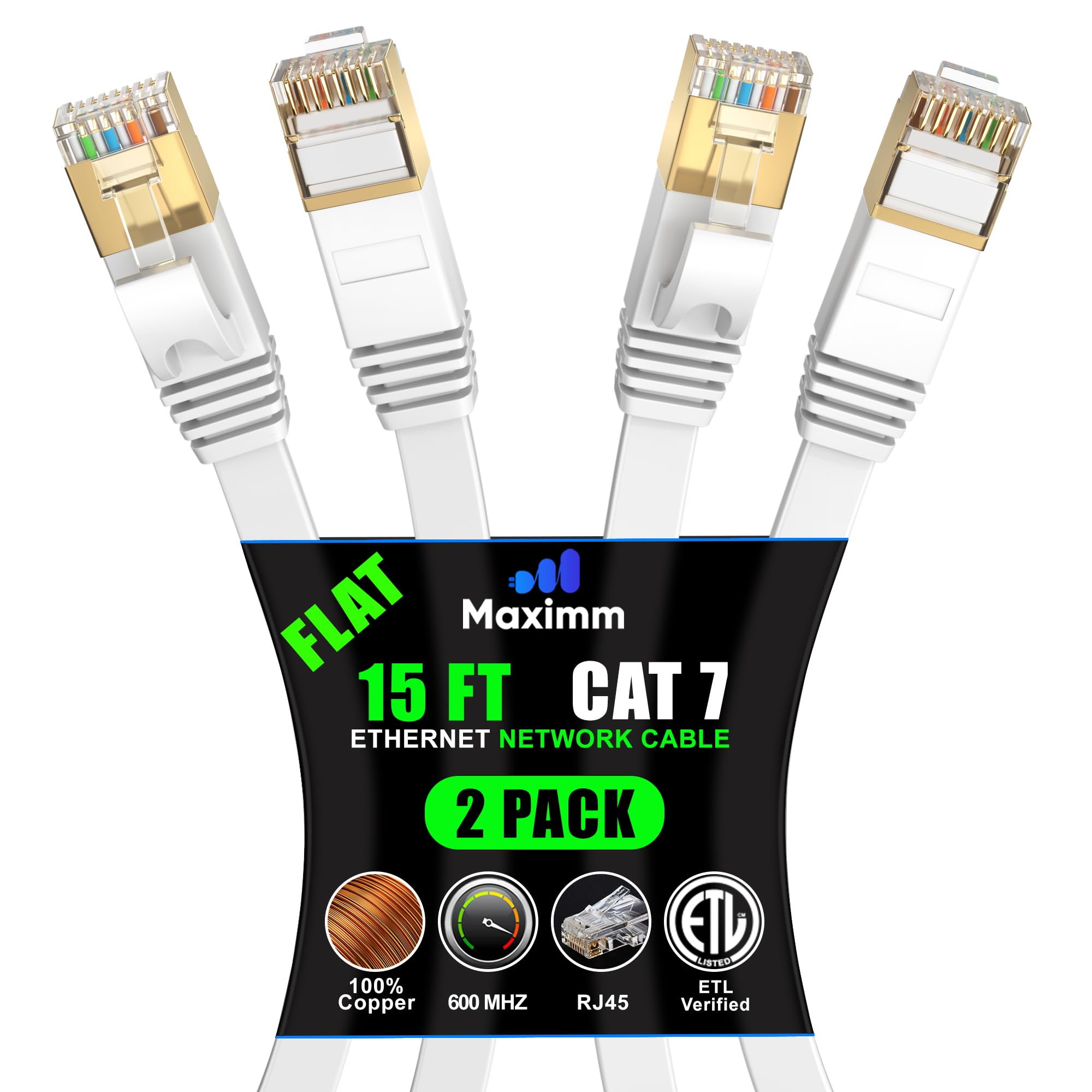 Cat 7 Ethernet Cable 15 Ft   With A Flat, Space Saving Design High Speed Internet Network Lan Patch Cable, Rj45 Connectors   15Ft White 2 Pack   Perfect For Gaming, Streaming, And More