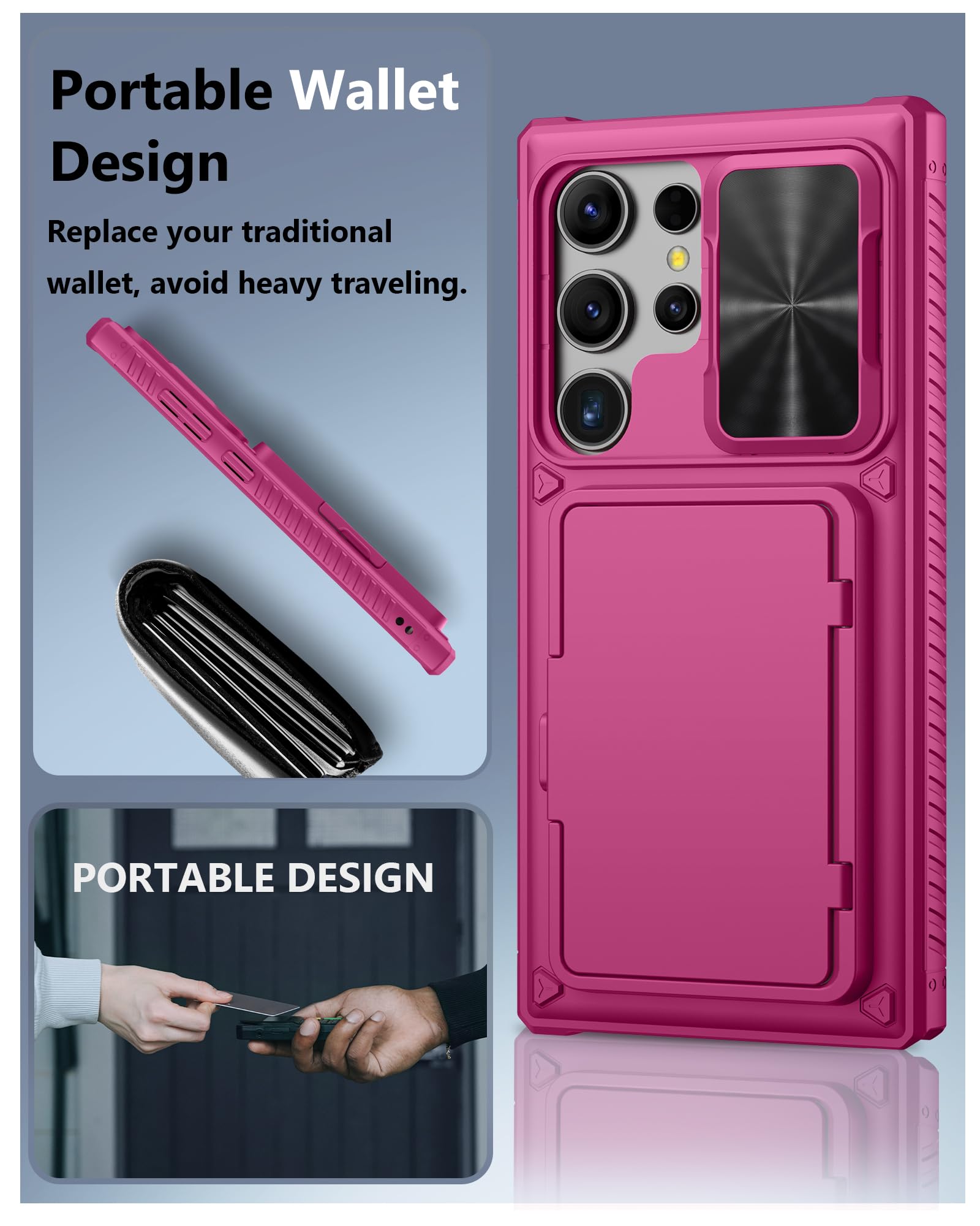 Atatoo For Samsung Galaxy S24 Ultra Case, Built In Card Holder(Store 4 5 Cards) & Slide Camera Cover, Military Grade Protection,