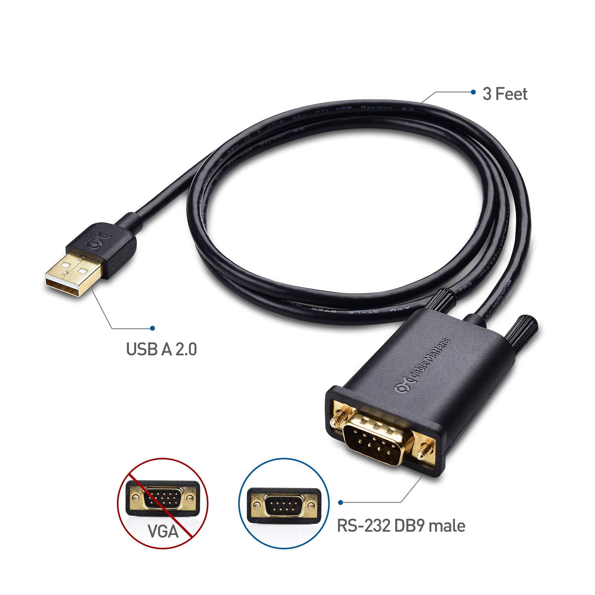 Cable Matters Usb To Serial Adapter Male To Male Cable (Rs232 To Usb 2.0, Serial To Usb, Usb To Db9) 6 Feet, Support Windows 11/