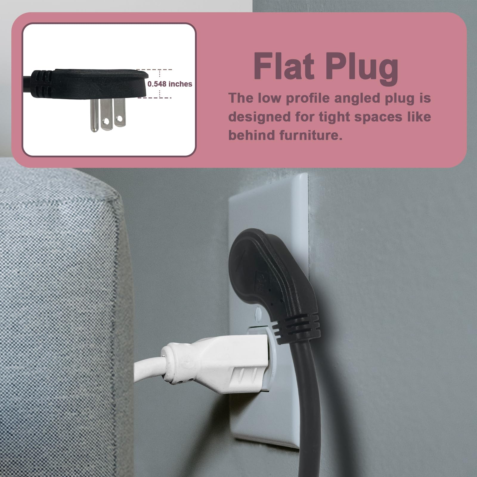 Ultra Explore 15 Ft Flat Plug Extension Cord, 16 Awg 3 Prong Grounded Extension Cord Black Flat Plug, Low Profile15 Extension Wi