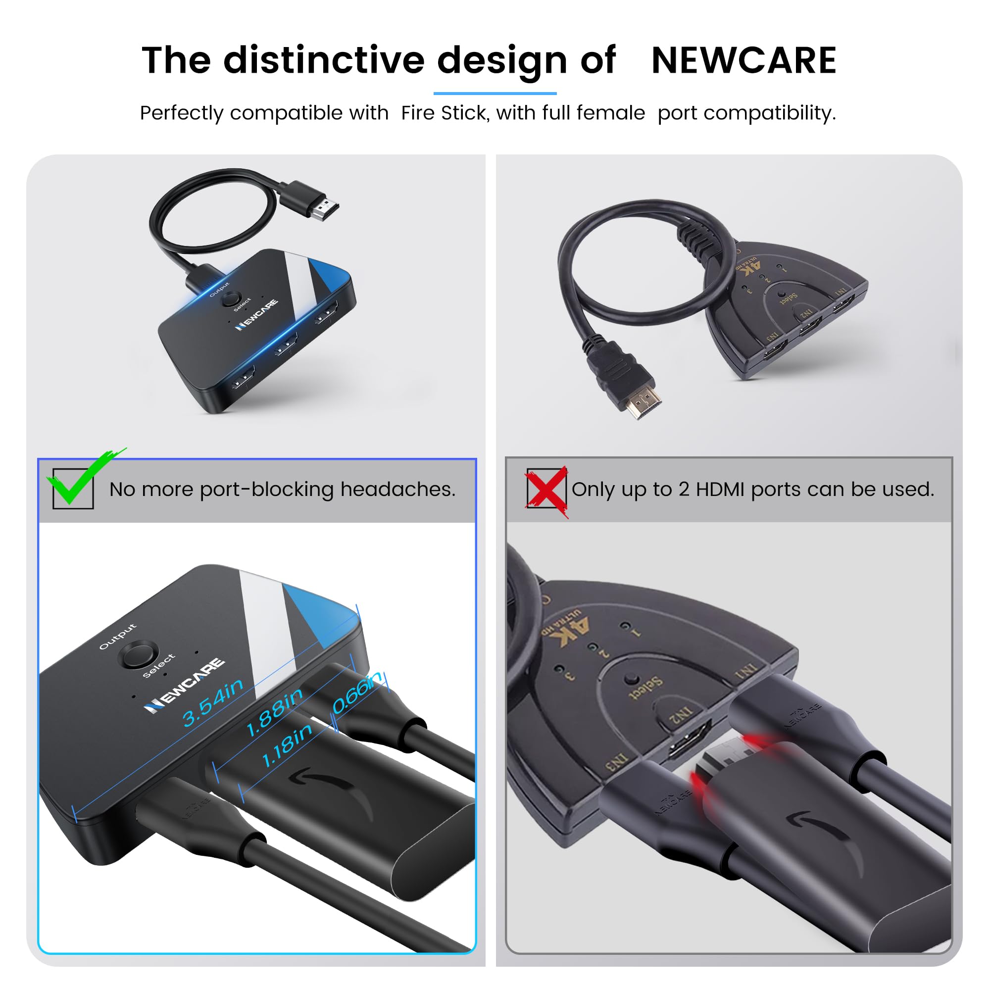 [Upgrade]Newcare Hdmi Switch 3 In 1 Out, 4K@60Hz Hdmi 2.0 Switch Splitter With 2.6Ft Hdmi Cable, 3 Port Hdmi Switcher Selector,