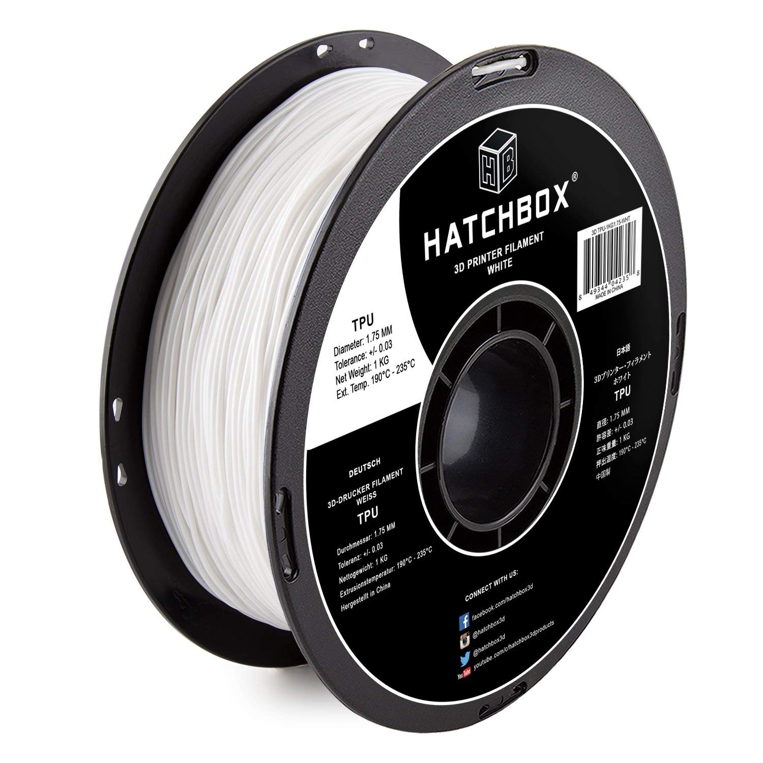HATCHBOX 1.75mm White TPU 3D Printer Filament Shore 95A, 1 KG Spool, Dimensional Accuracy +/- 0.03 mm, 3D Printing Filament