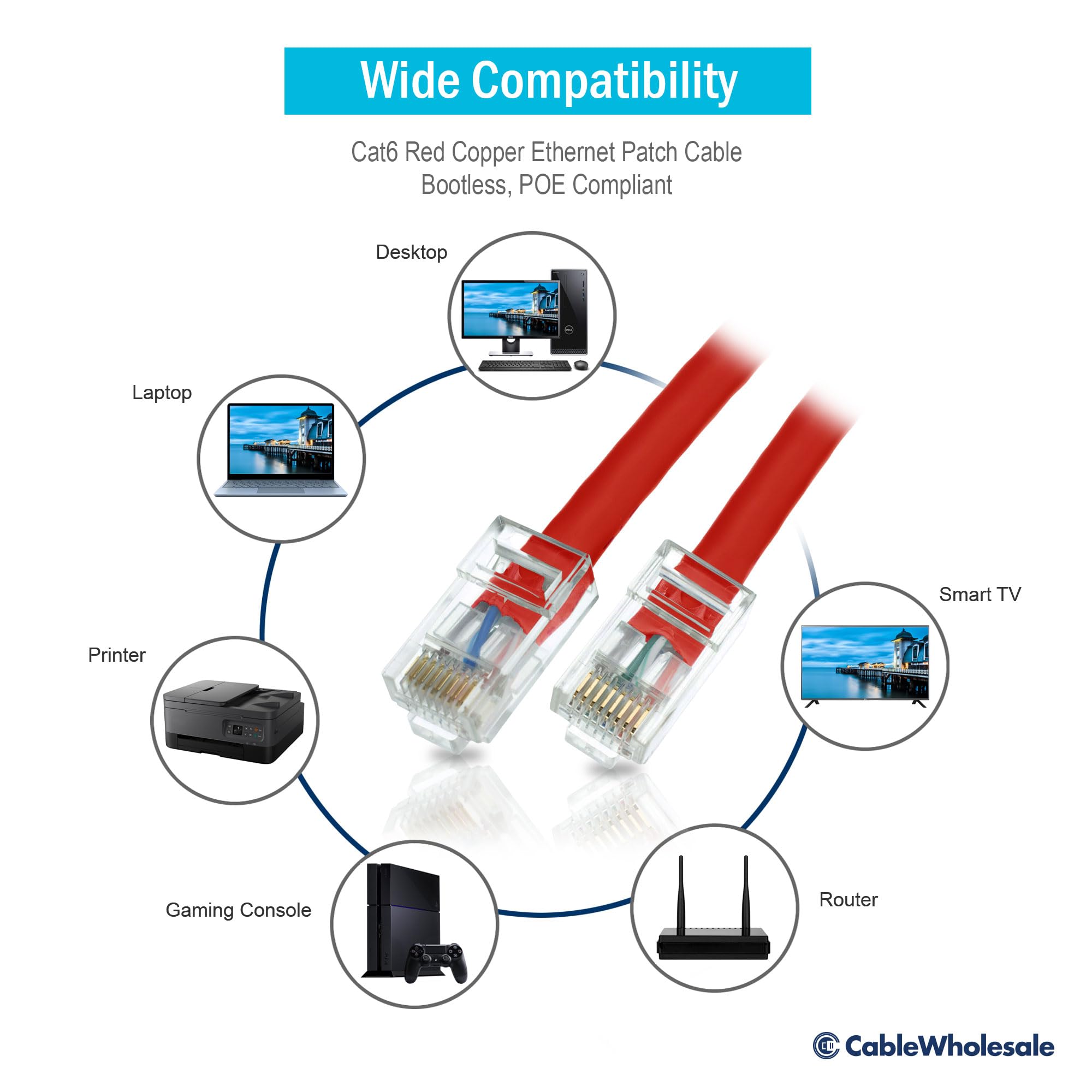 Cablewholesale 5 Foot Cat6 Red Ethernet Patch Cable, Bootless, 24Awg Network Cable With Rj45 Gold Plated Connector, 4 Pair Stran