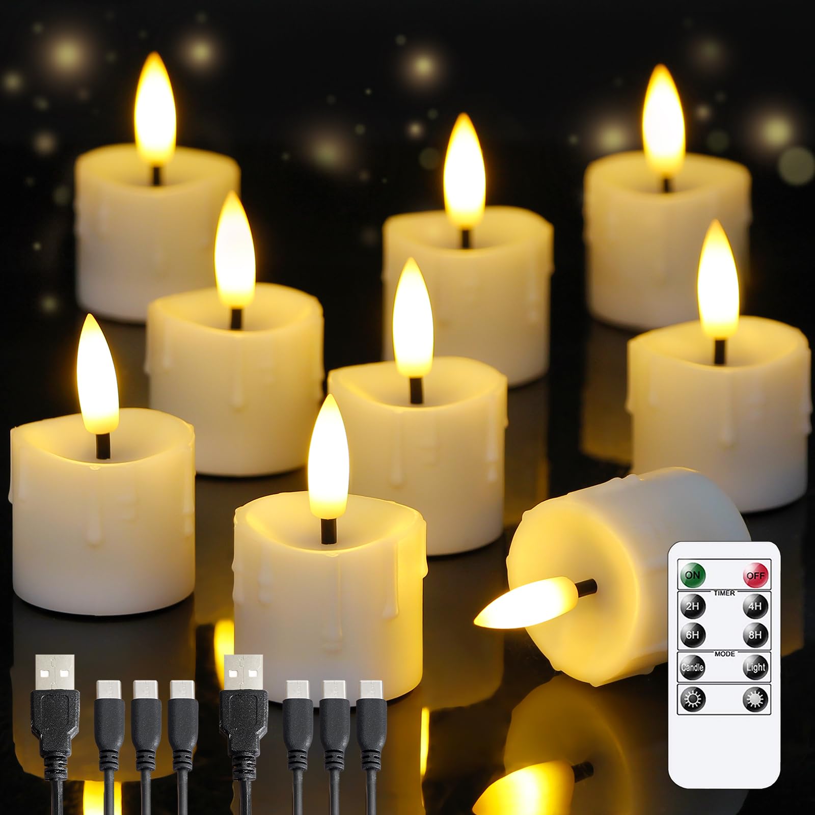 Yeelida Rechargeable Flameless 1.6'' X2.5'' Tea Light Candles With Remote & Type C Charging Cable, Timer Led Flickering White Pl