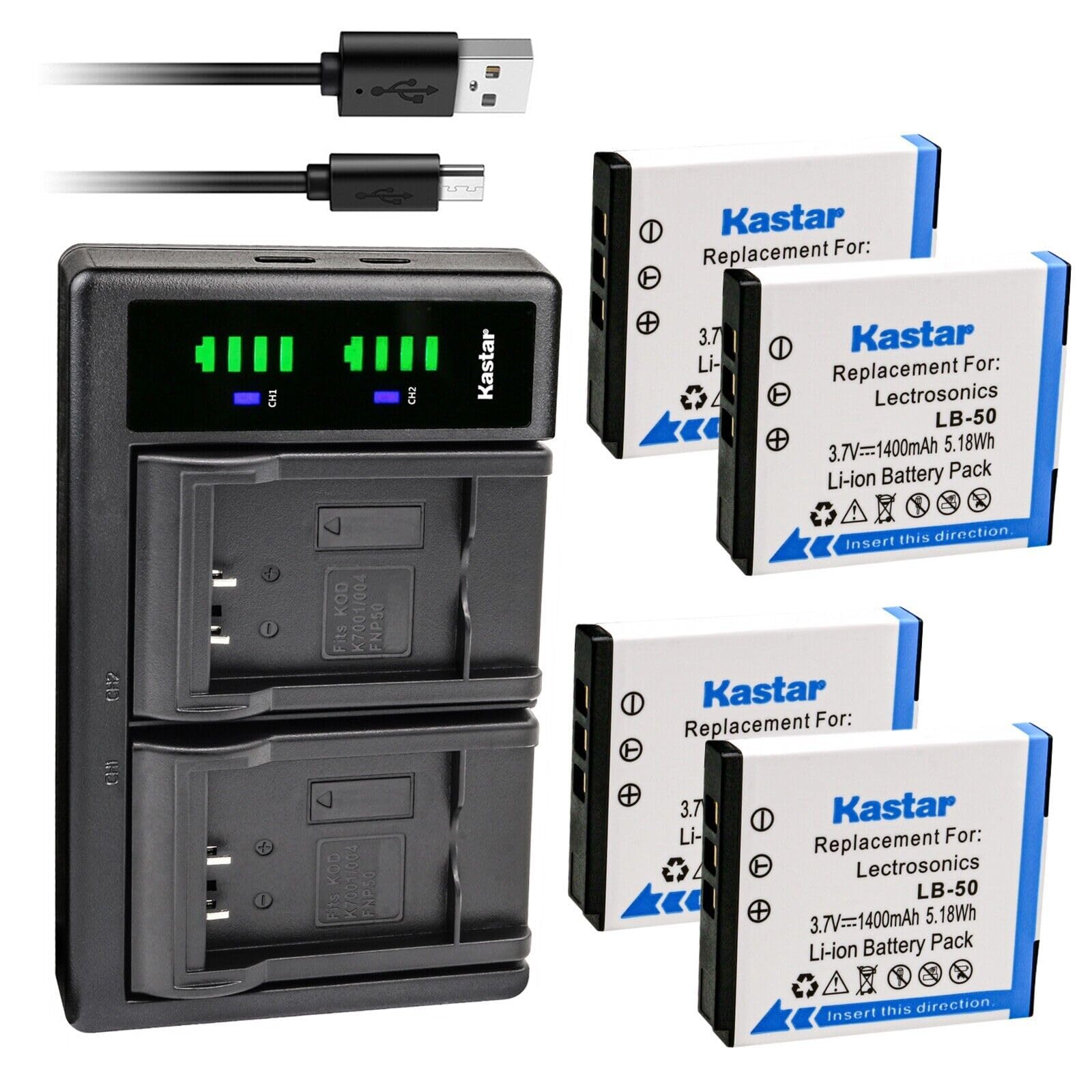 Kastar 4-Pack Battery and LTD2 USB Charger Compatible with Lectrosonics LB-50 Battery, Lectrosonics 40117, Lectrosonics SSM Tran