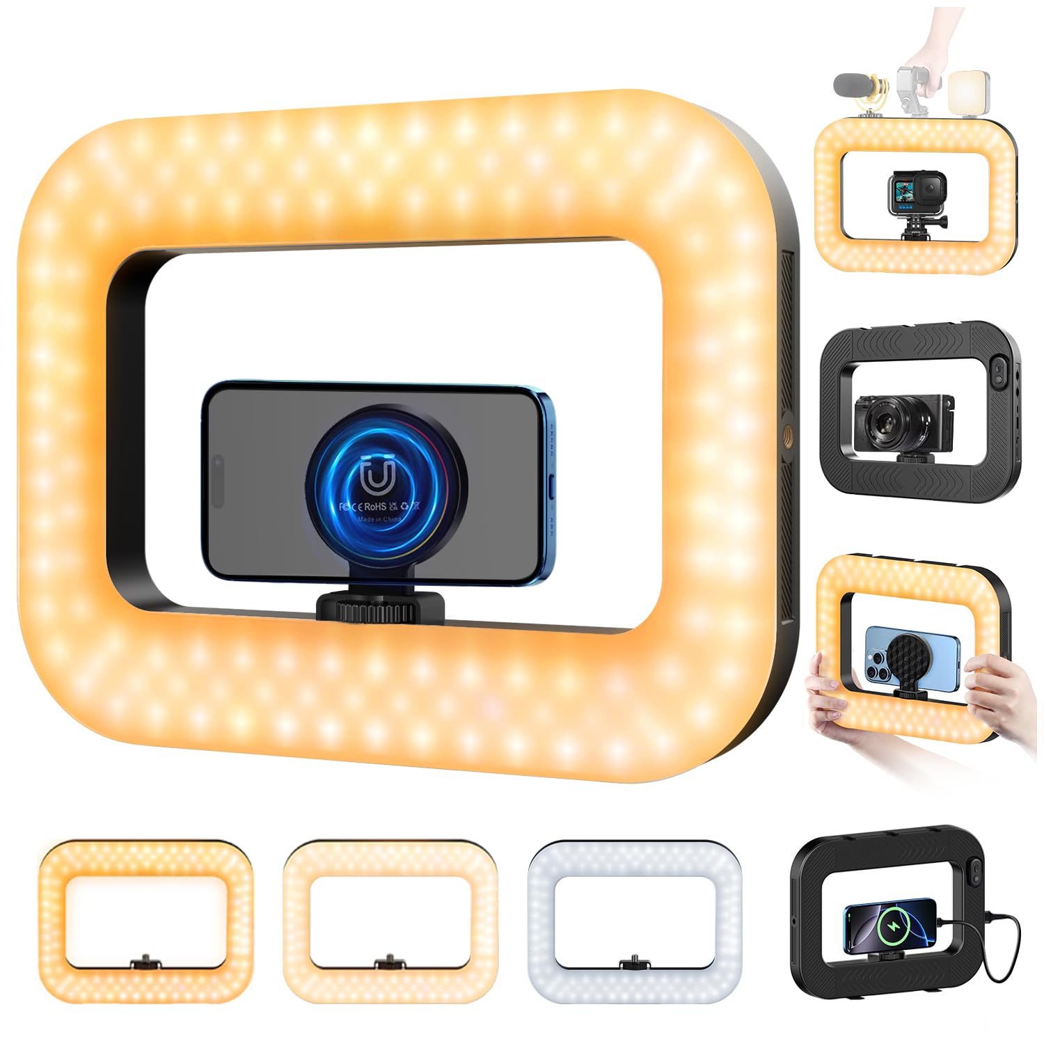 yAyusi Magnetic Cell Phone Light for Video Recording, Handheld Phone Stabilizer with Light, 8000mAh LED Selfie Phone Ring Light 