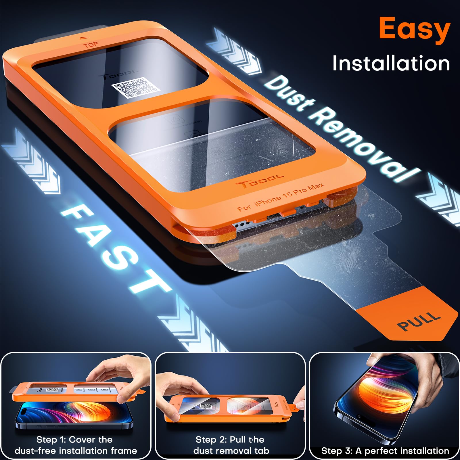 Tocol For Iphone 15 Pro Max Screen Protector [9H Hardness] [Military Grade Shatterproof] Hd Tempered Glass Full Coverage Easy In