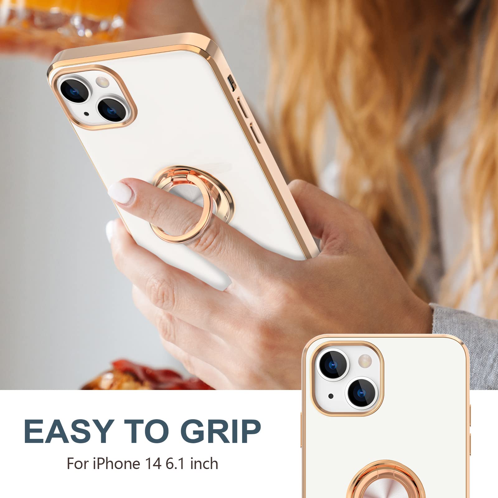 Hython For Iphone 14 Case With Ring Stand [360 Rotatable Ring Holder Magnetic Kickstand] [Support Car Mount] Plated Rose Gold Ed