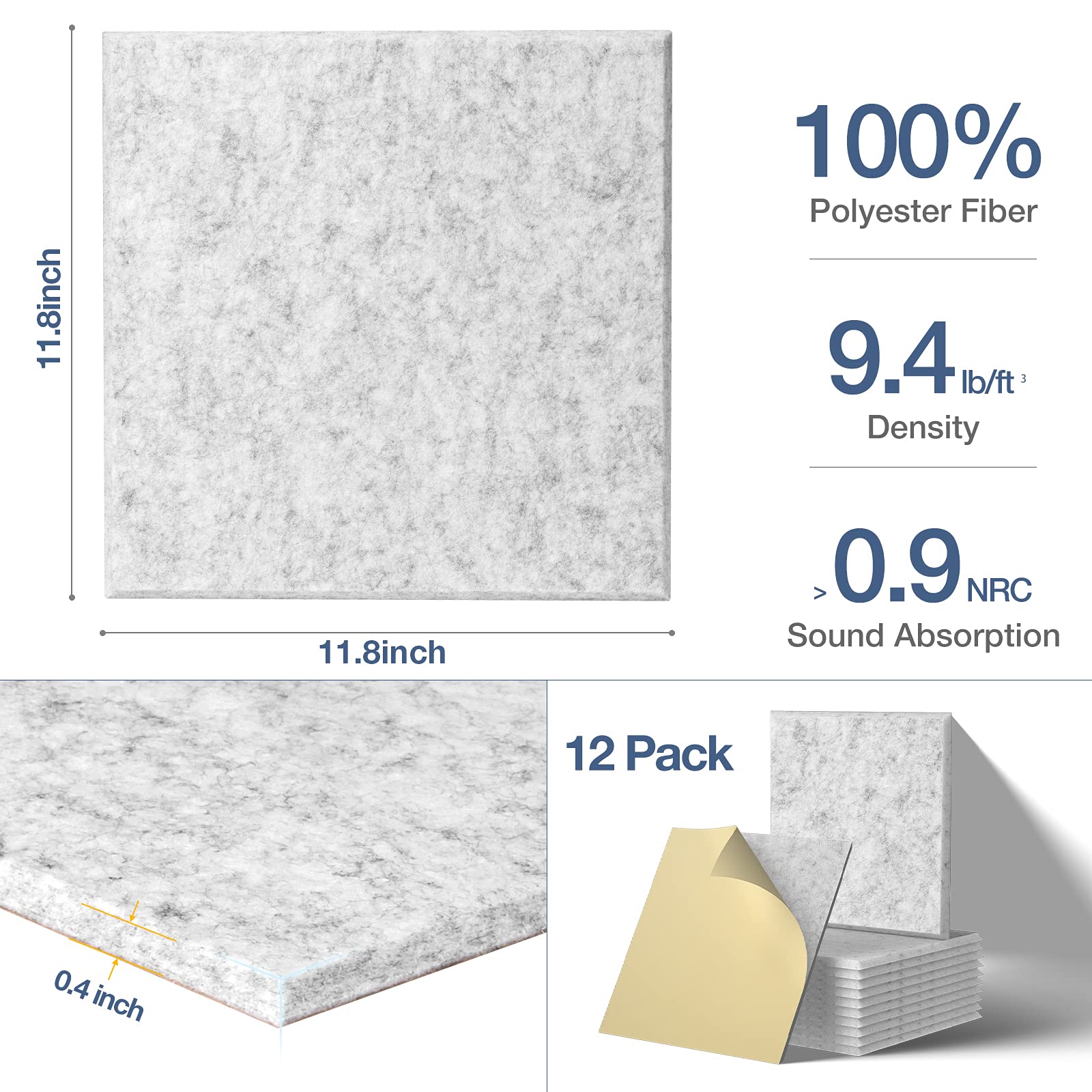 Lebenforce Self Adhesive Acoustic Panels Tiles 12 Pack, 12'' X 12'' X 0.4'' Polyester Sound Proof Padding, High Density Soundpro