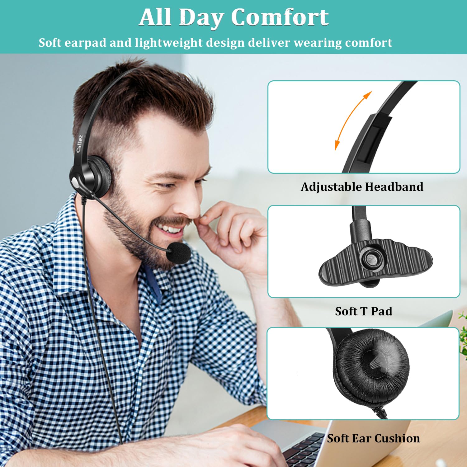 3.5Mm Jack Cell Phone Headset With Microphone Noise Cancelling For Pc Laptop, Wired Computer Headphones For Iphone Android Zoom Home Office Work School Classroom, In Line Control, Comfort Fit