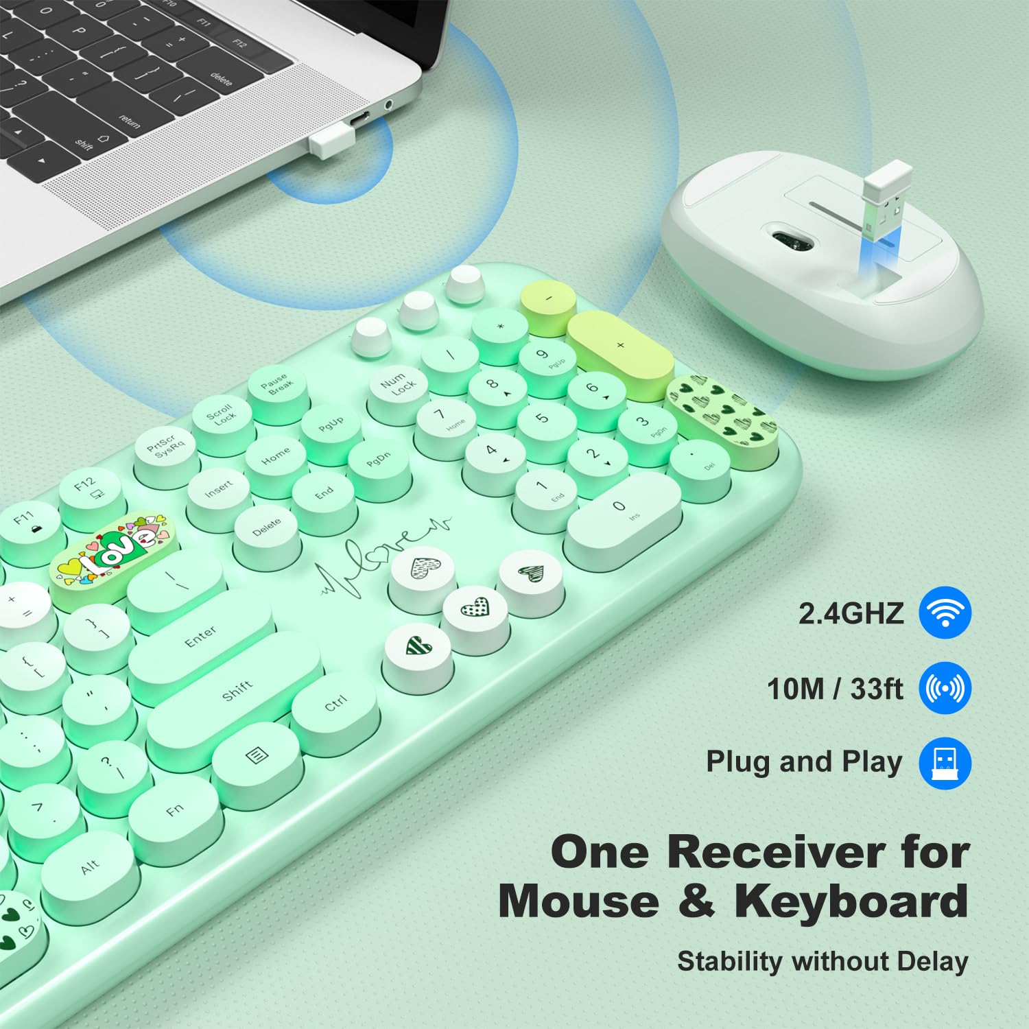 Mofii Wireless Keyboard And Mouse Combo, Full Size 2.4G Plug And Play Typewriter Retro Round Computer Keyboard And Mouse Set For