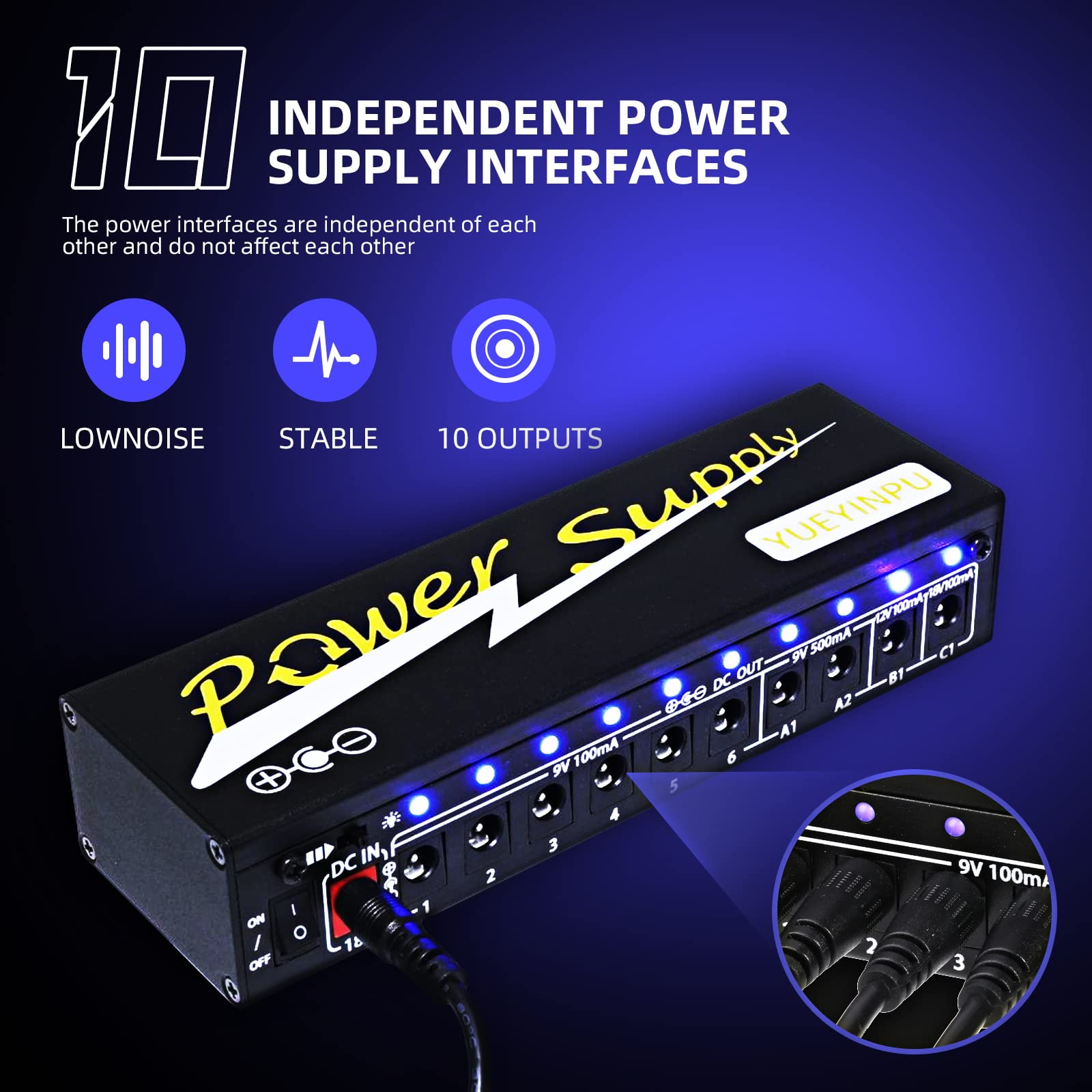 Yueyinpu Power Supply For Guitar Effect Pedals 10 Isolated Dc Output 9V/12V/18V For Effect Pedal With Separate Short Circuit Pro
