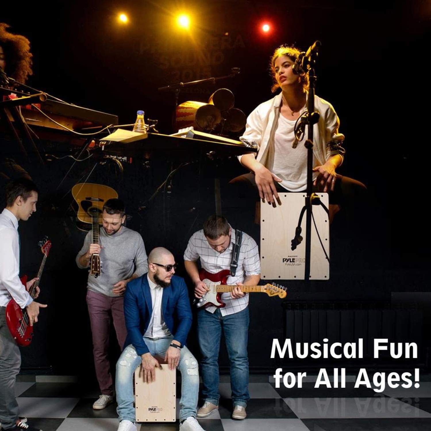 Pyle Stringed Jam Cajon, Handcrafted Birch Wood Percussion Box With Internal Guitar Strings, Compact & Lightweight Acoustic Drum