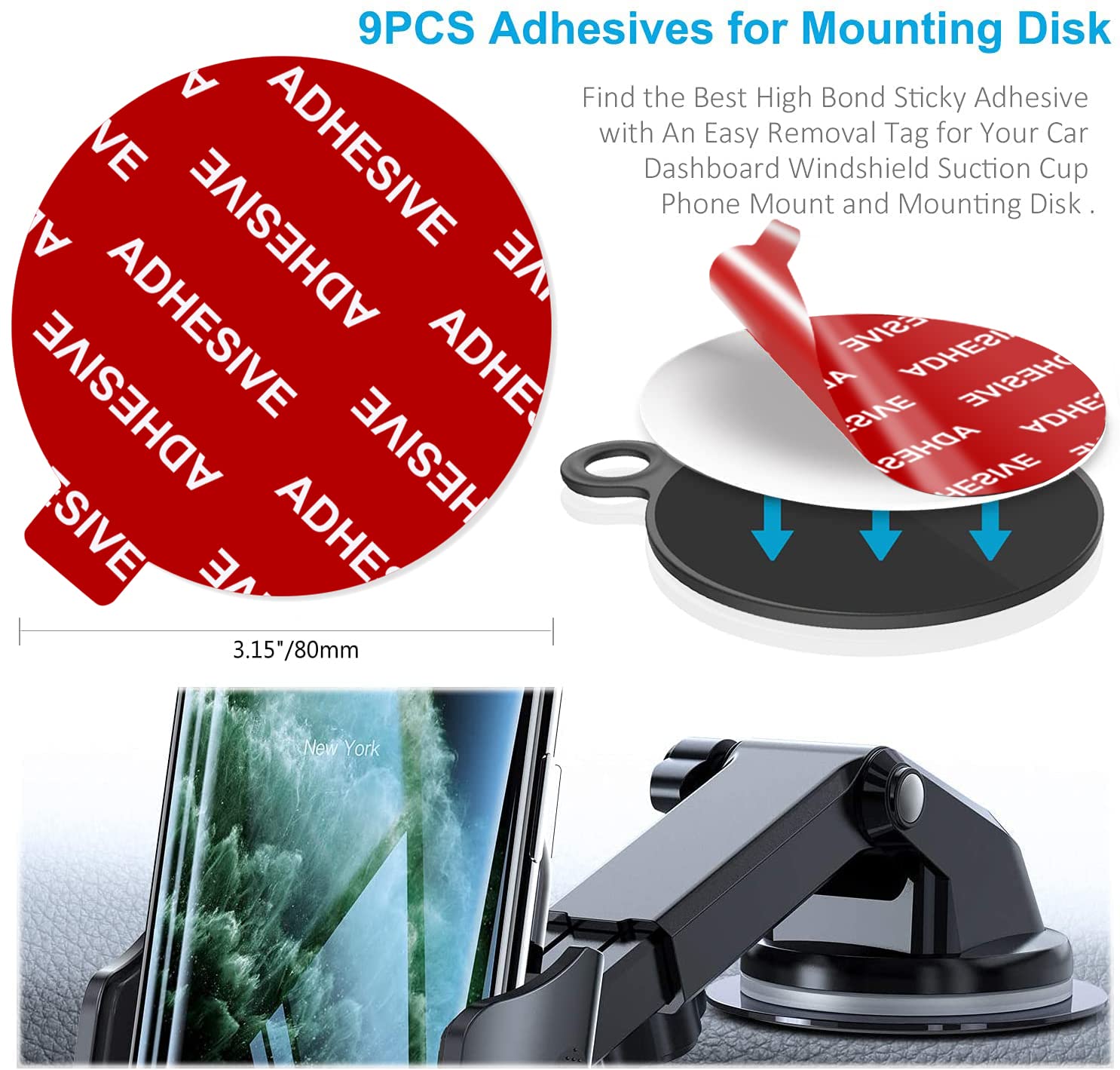 Galundge 9 PCS Transparent Double-Sided Adhesive Pads for Dashboard/Windshield Mount, 80mm Suction Cup Stickers for Camera/GPS/Phone