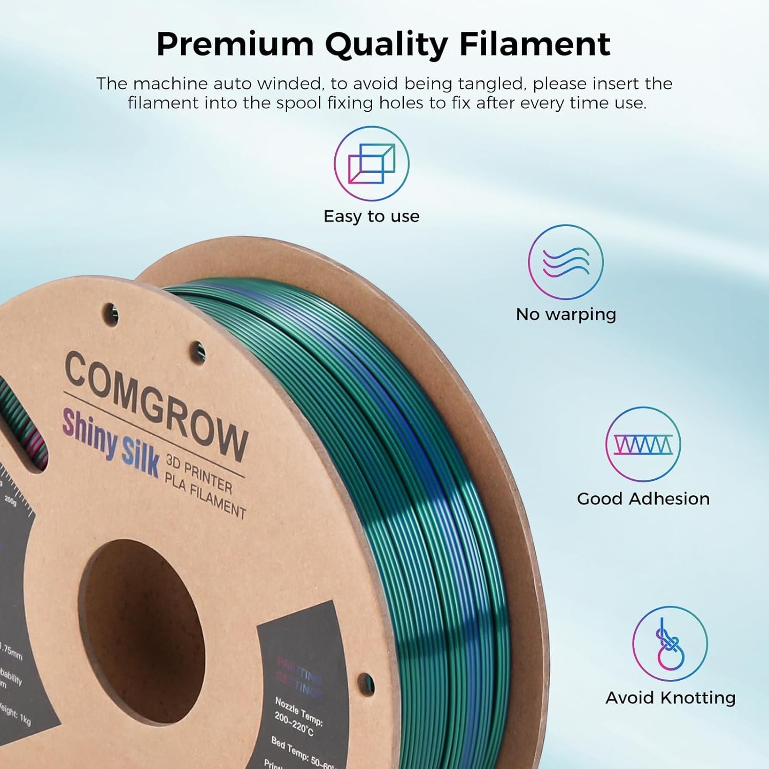 Comgrow Tri Colors Silk Pla 3D Printer Filament, Rainbow Pla Filament 1.75Mm, Dimensional Accuracy +/  0.02 Mm, 1Kg Spool, Coext