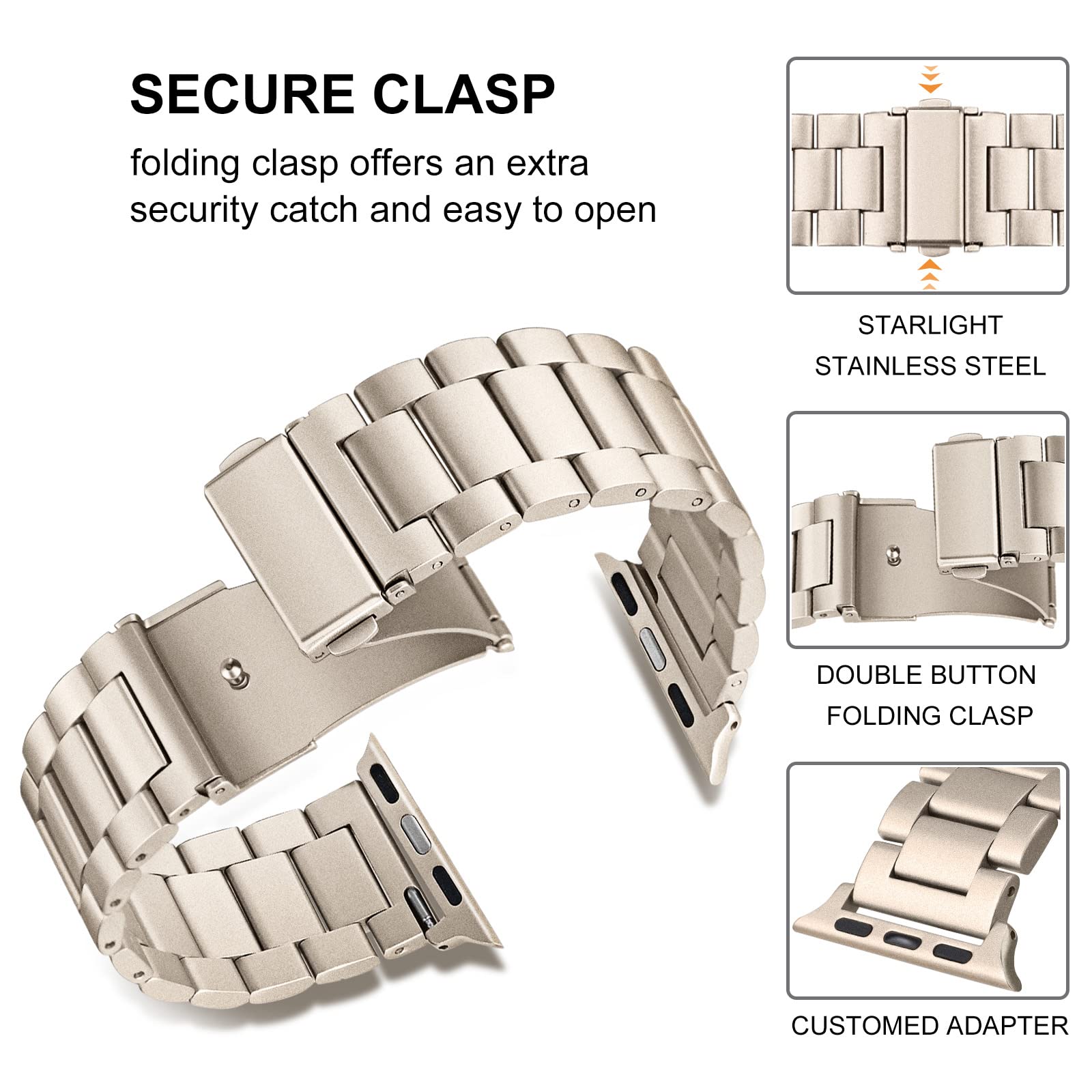 Trumirr Band For Apple Watch Series 9 8 7 45Mm Starlight Women, Solid Stainless Steel Watch Bands Replacement Strap For Iwatch S