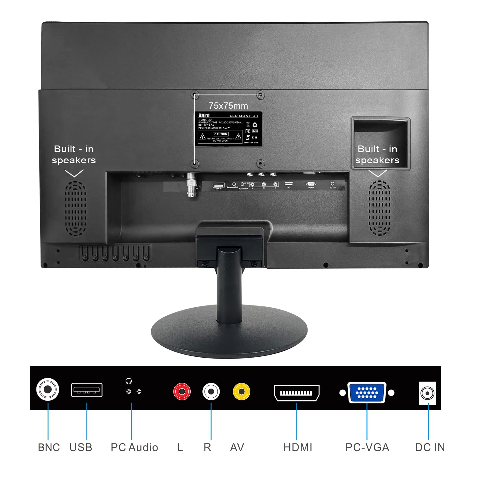 Skitphrati 20 Inch Pc Monitor, 1600X900 Screen Desktop Monitor With Hdmi Vga Bnc Av Ports, Vesa Mounting, Led Monitor For Pc, La