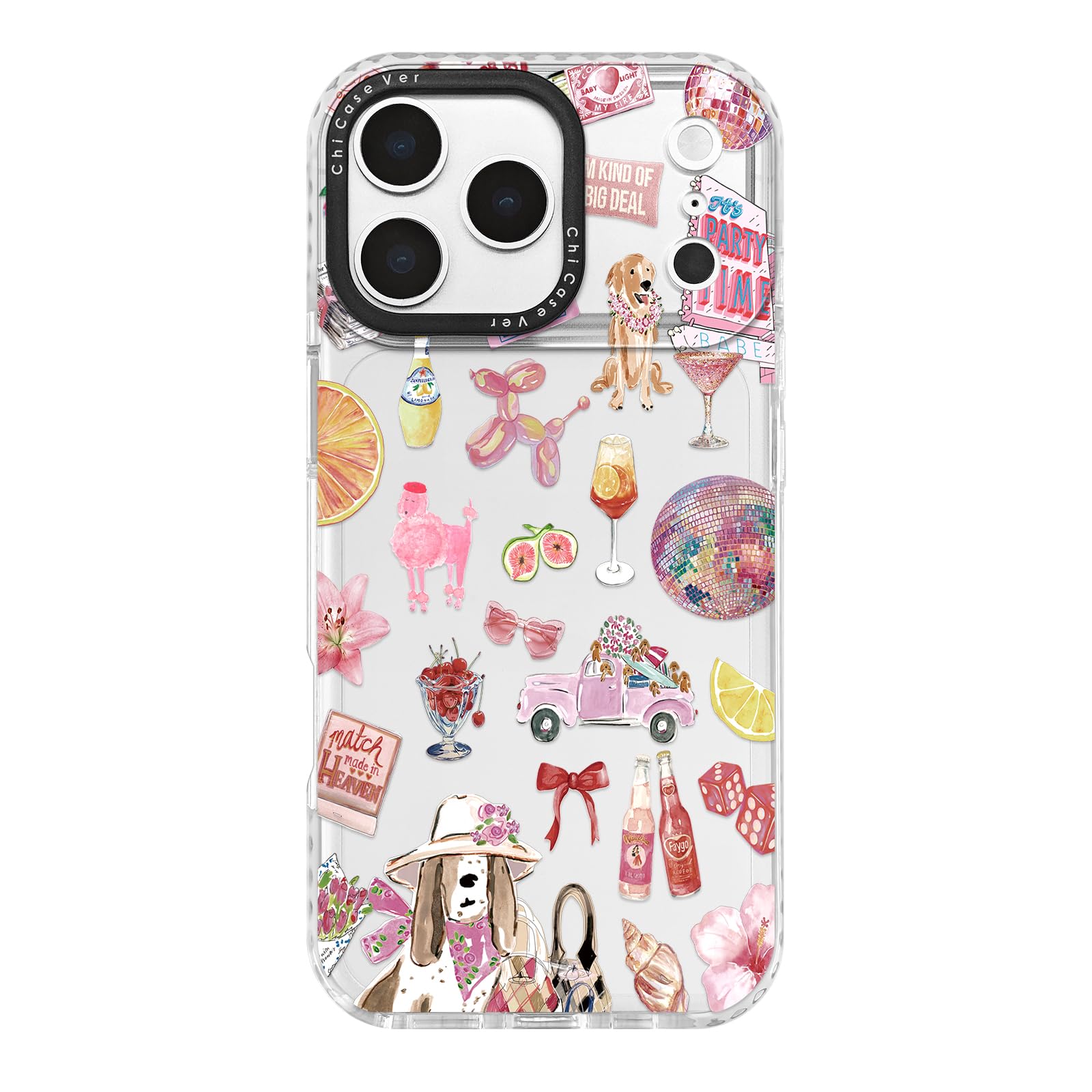 ChiCaseVer for iPhone 17 Pro Case, Party Time Collage Pattern with Cute Dogs & Cocktails, Girly Pink Soft Slim TPU Protective & 
