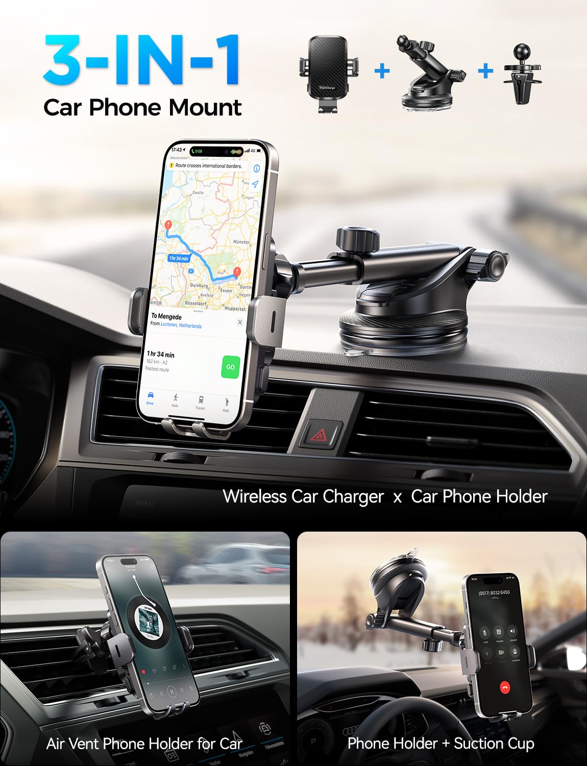 Chgeek Wireless Car Charger With Phone Holder Mount, 15W Fast Charging Auto Clamping Phone Holders For You Car Windshield Dashbo