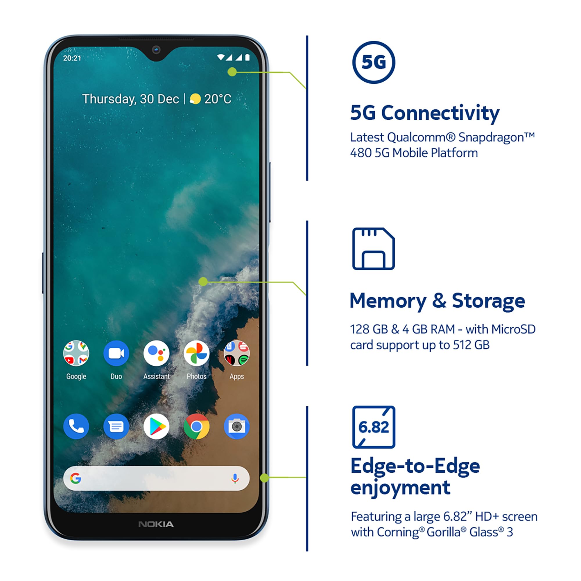 Nokia G50 5G | Android 11 | Unlocked Smartphone | Us Version | 4/128Gb | 6.82 Inch Screen | 48Mp Triple Camera | Ocean Blue