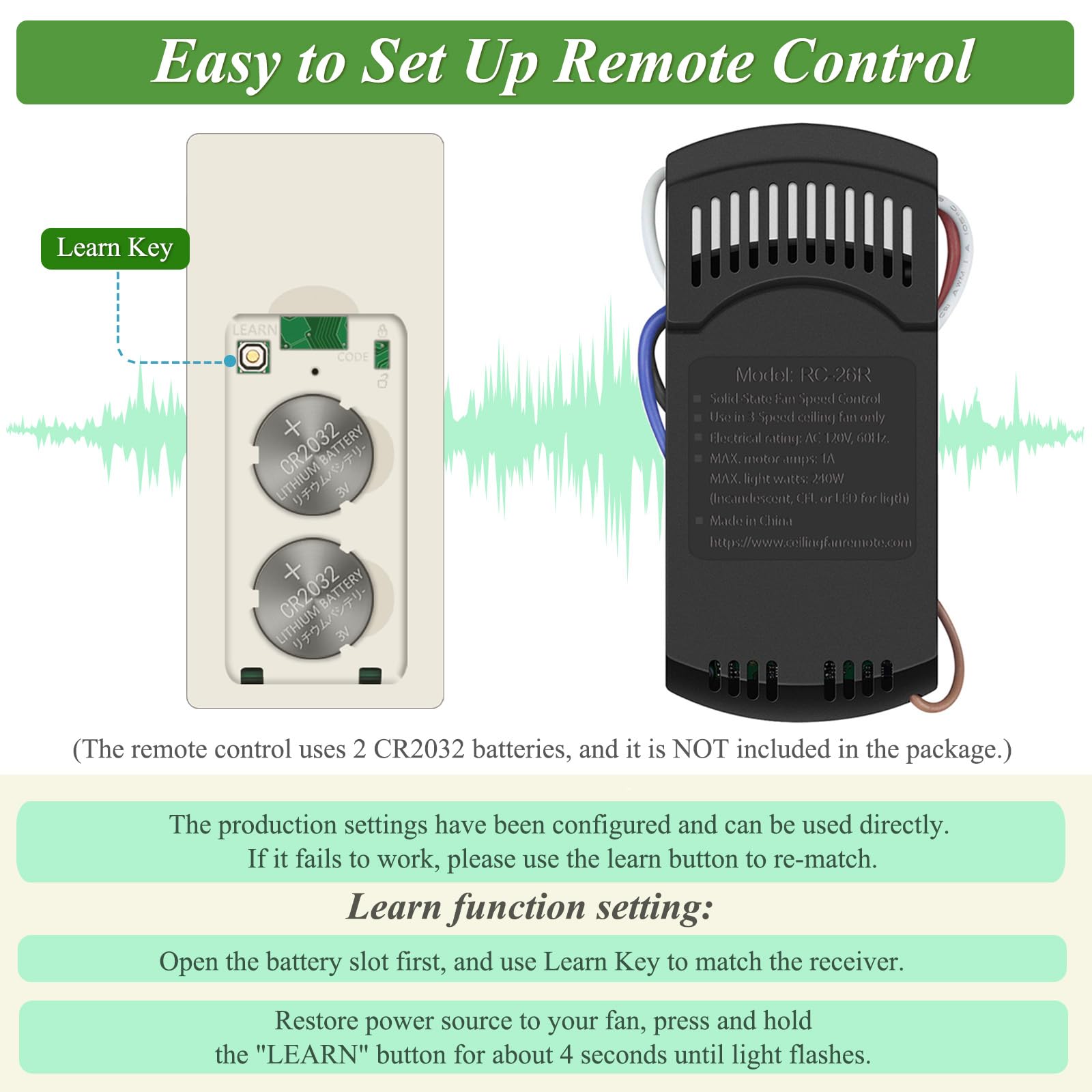 Corebay Ceiling Fan Remote Control & Dimmer Switch, Universal Fan Remote Control Kit With 3 Speed, 2 8H Timming, Compatible With