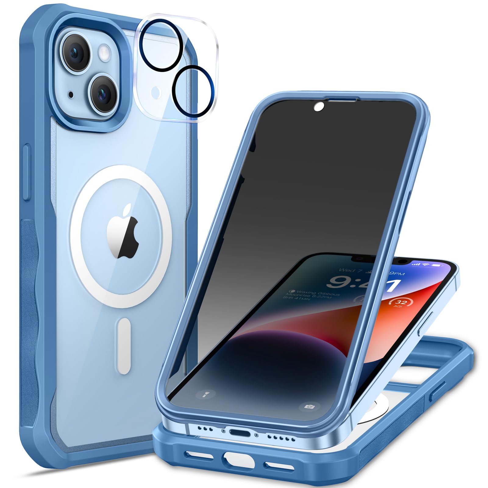 seacosmo for iPhone 14 Case, Full Body Bumper with Built-in 9H Tempered Glass Privacy Screen and Camera Lens Protector, Compatib