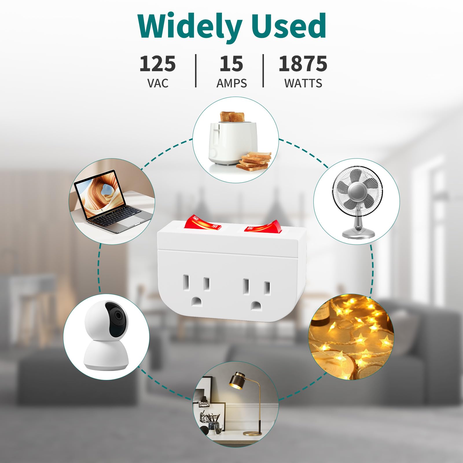 3Pack   Powawini Grounded Outlet With Double On Off Switch, Two Port Electrical Outlet Plug Switch, Wall Tap Adapter With Daul R