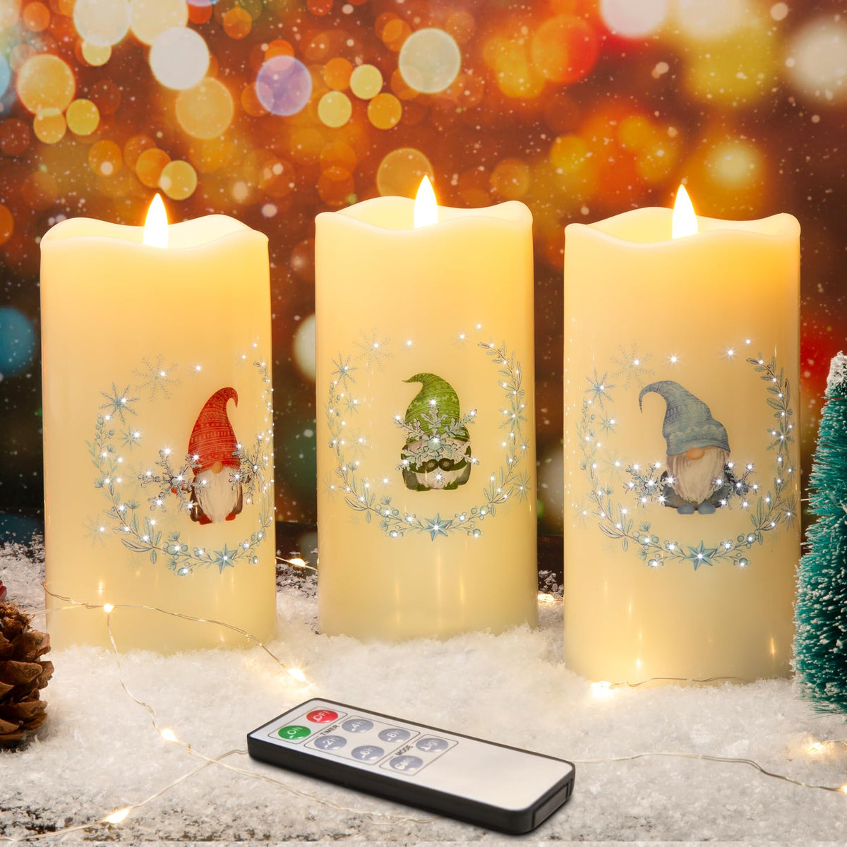 Eywamage Fiber Optic Christmas Flameless Pillar Candles With Remote, Snowflakes Gnomes Flickering Led Battery Candles Set Of 3