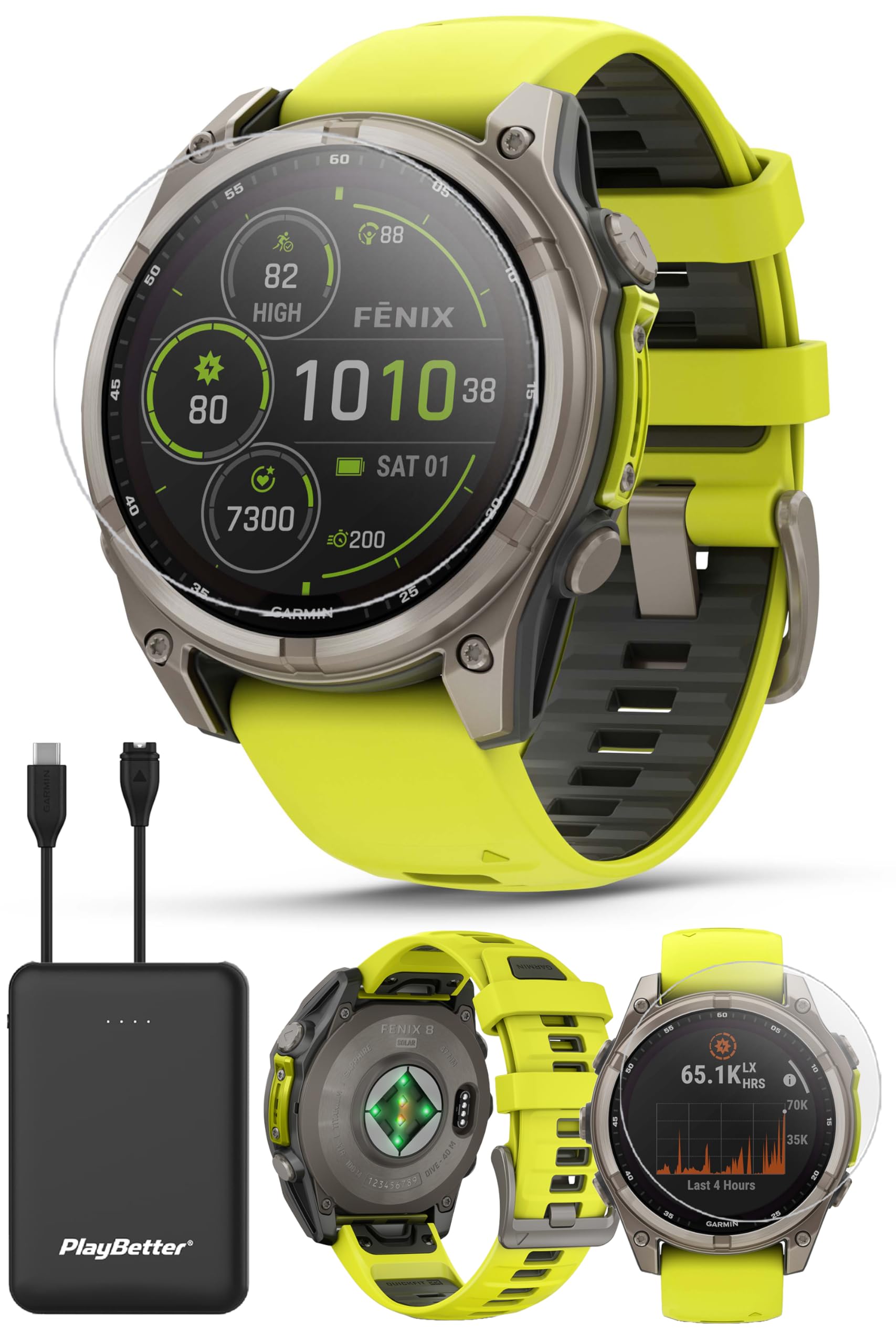 PlayBetter Garmin Fenix 8 Solar Sapphire (47mm, Titanium/Amp Yellow) Multisport GPS Smartwatch Bundle - 1.4    Touchscreen, Buil